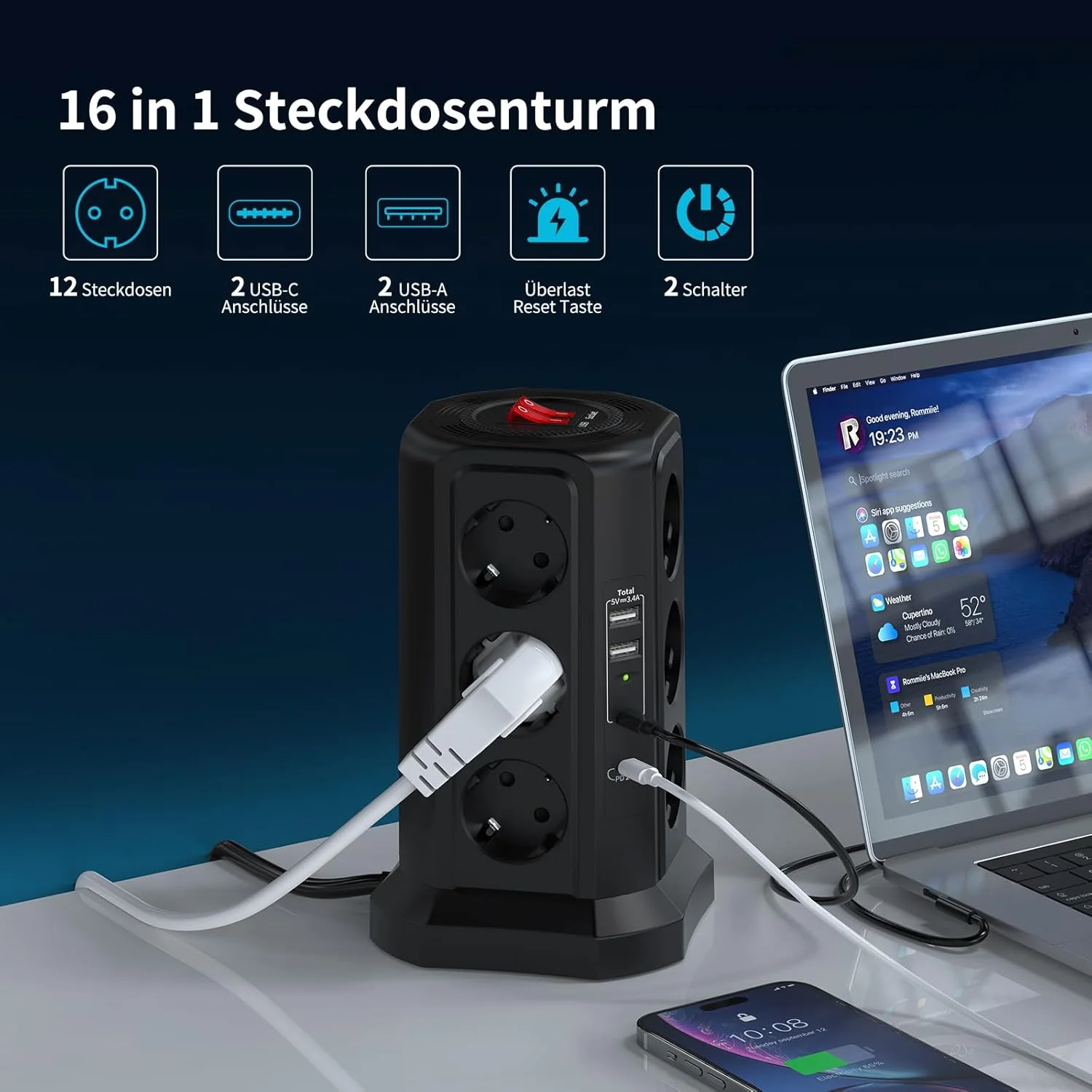 محافظ برق هافینو 12 راهی با 4 پورت USB، توان 4000 وات/16 آمپر، چندراهی برقی با 2 کلید برای دفتر، آشپزخانه، منزل، کابل 2 متری (مشکی)