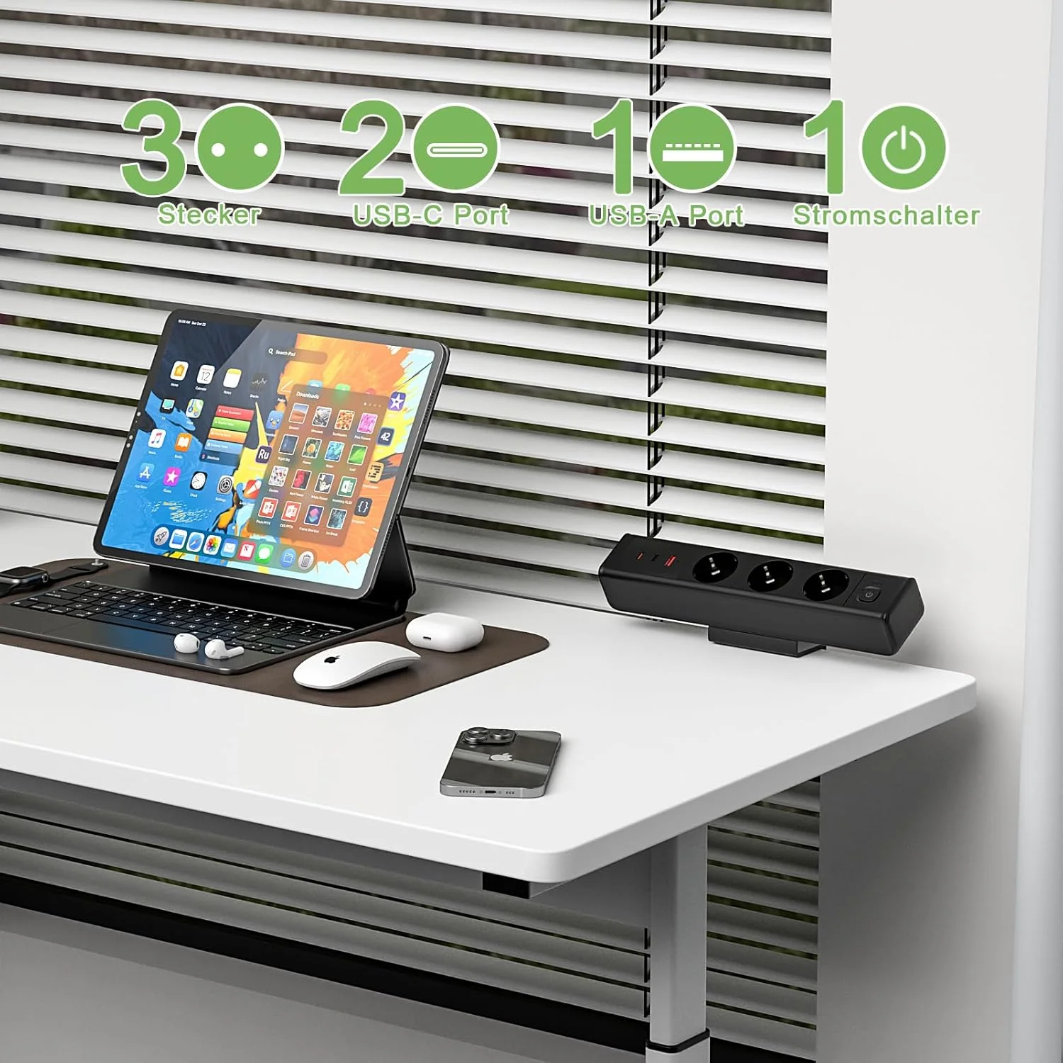 محافظ برق رومیزی - پریز رومیزی با 3 پورت USB (65 وات) و 3 پریز برق، کابل 1.8 متری، محافظت در برابر اضافه بار، پریز رومیزی برای خانه و دفتر، مشکی