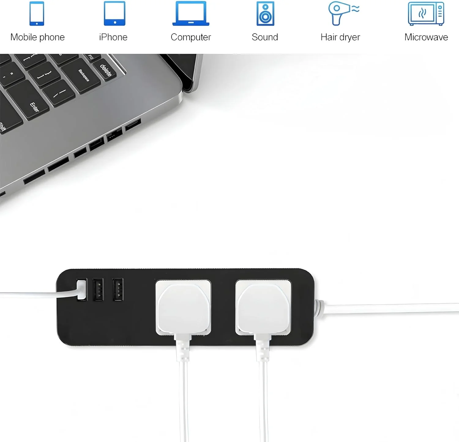 محافظ برق با 2 پریز جهانی و 3 پورت USB، مشکی