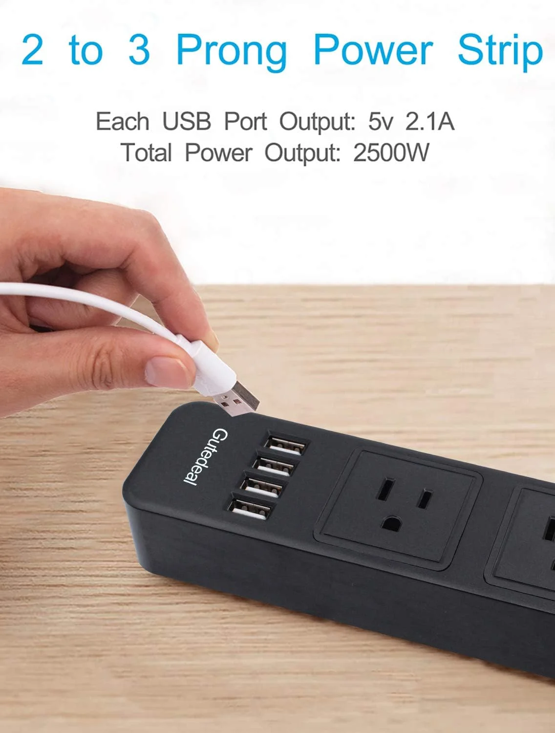 محافظ برق سه خروجی Gutedeal با دو شاخه، دارای 4 پورت شارژ USB (خروجی 5 ولت 2.1 آمپر)، سیم удлинительный 2 متری، مشکی