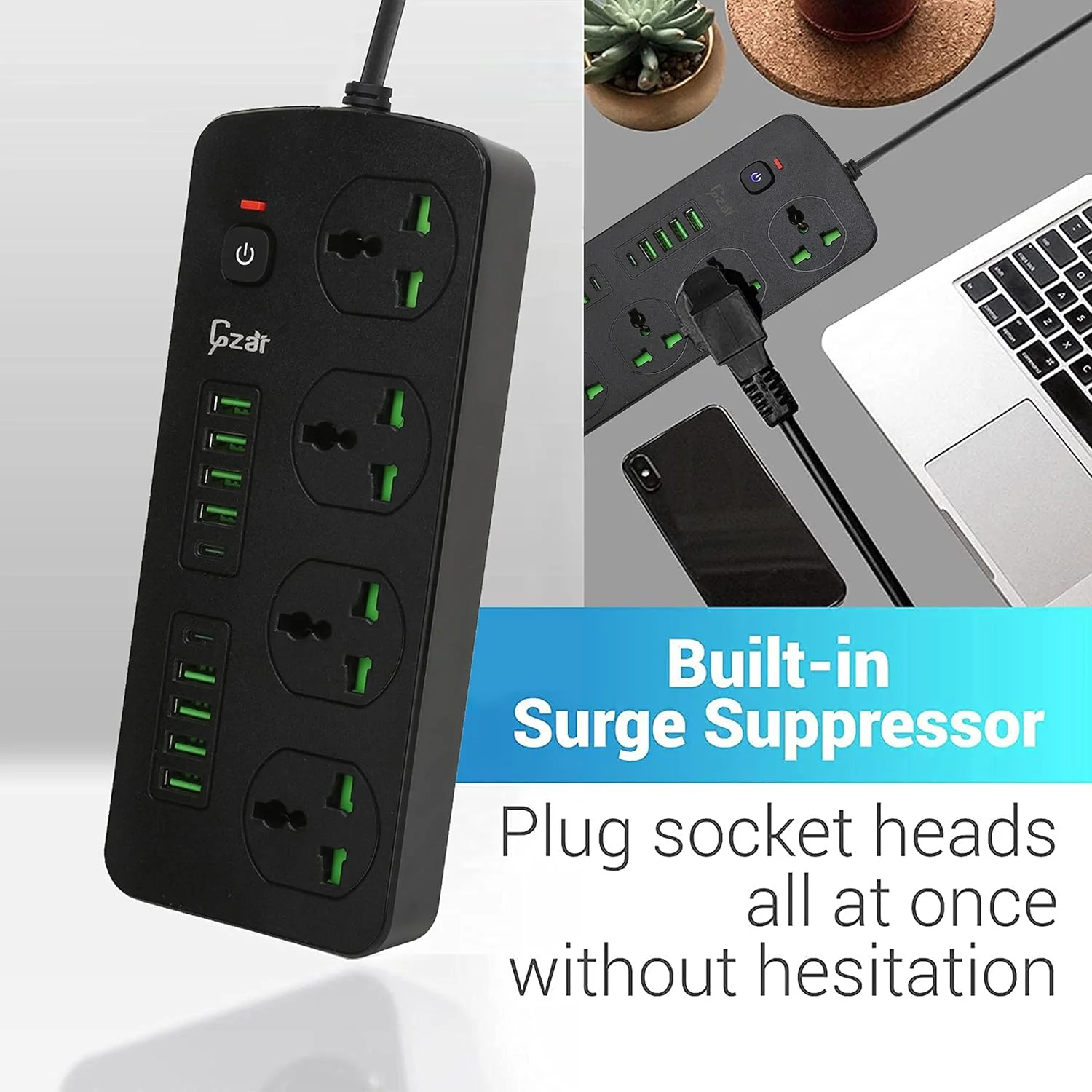 محافظ برق چندراهی Gzar با 8 پورت USB، 4 پریز AC و 2 پورت USB-C، 1050J، 3000W/4.2A، سیم 2 متری - ایستگاه شارژ چندگانه USB برای خانه و محل کار