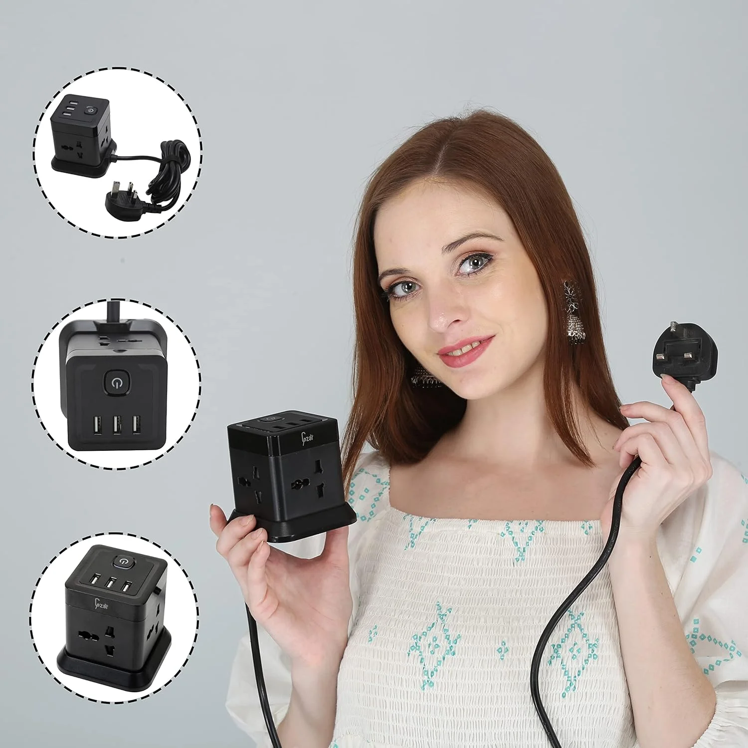 برج چند راهی برق Gzar، دارای 4 پریز برق و 3 پورت USB، سیم удлинительный 1.5 متری، محافظ نوسانات برق، ایستگاه شارژ چندگانه قابل حمل و جمع و جور برای خانه، دفتر، مسافرت - مشکی