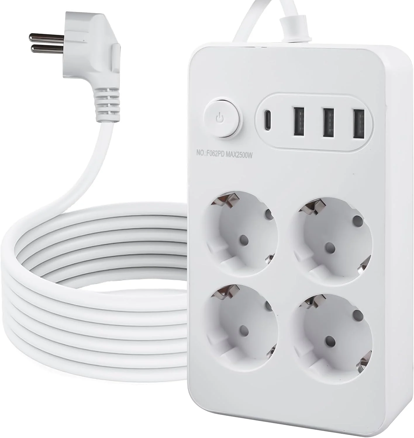 چهار راهی برق با USB-C و Type-C، کلید یکپارچه، کابل افزایش طول 2 متری، 2500 وات / 10 آمپر، محافظت در برابر نوسانات برق، قابلیت نصب روی دیوار، چند راهی برای دفتر و خانه، سفید