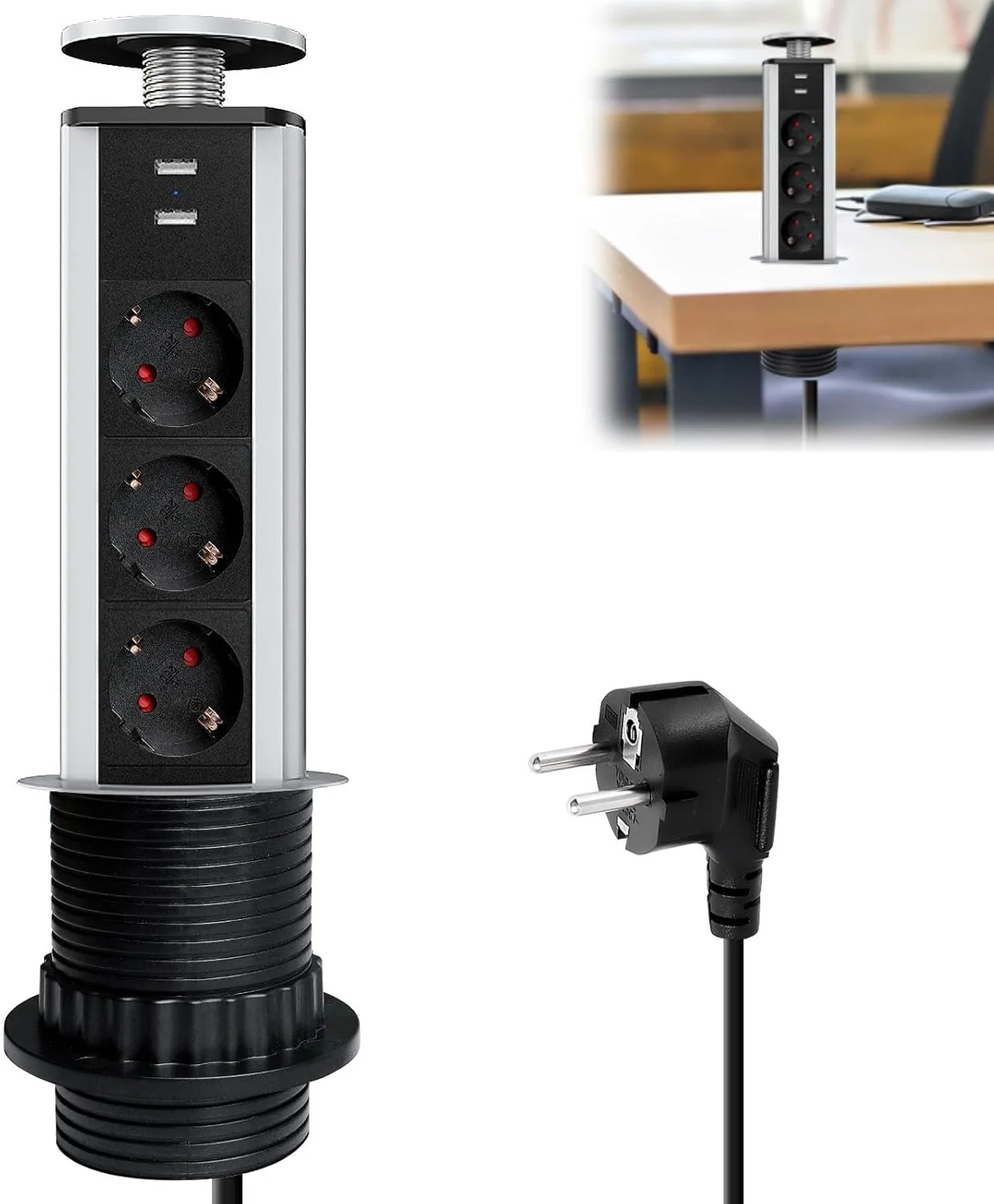 پریز توکار رومیزی 3 راهی GOMETY با 2 پورت USB A، پریز جمع شونده، محافظ برق رومیزی آشپزخانه با کابل 1.8 متری، پریز توکار، صفحه میز، پریز چندگانه، محافظ برق، مناسب برای میز کار