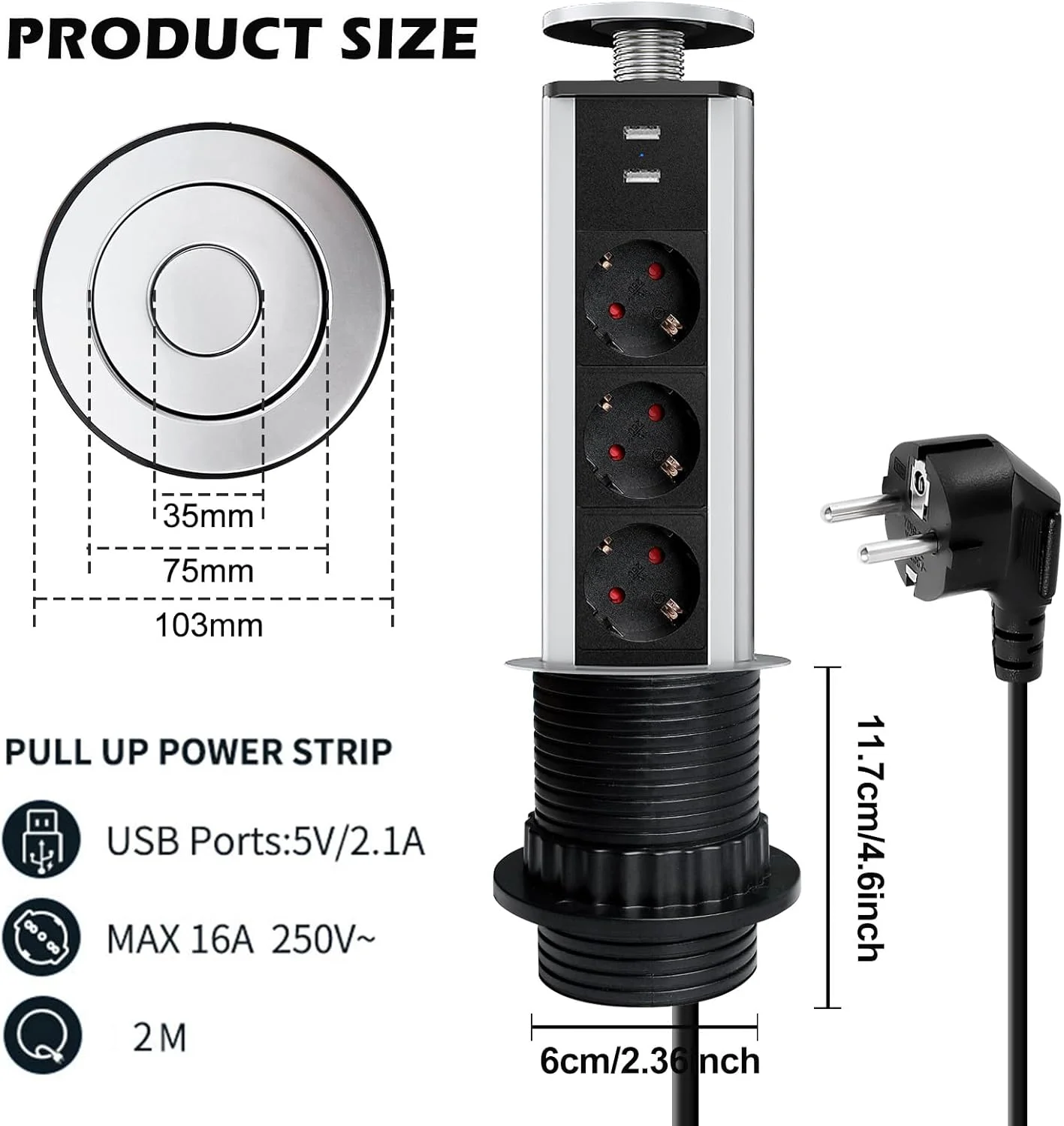پریز توکار رومیزی 3 راهی GOMETY با 2 پورت USB A، پریز جمع شونده، محافظ برق رومیزی آشپزخانه با کابل 1.8 متری، پریز توکار، صفحه میز، پریز چندگانه، محافظ برق، مناسب برای میز کار