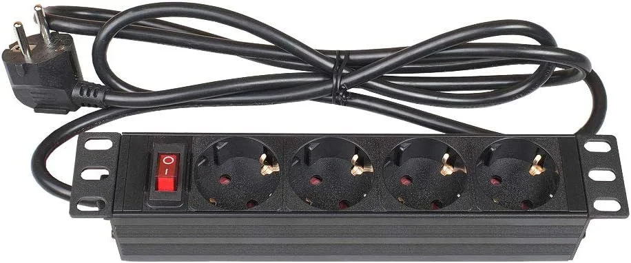 محافظ برق 10 اینچی Good Connections PDU (1HE) - دوشاخه ارت دار به 4 عدد پریز ارت دار - کلید، محافظ کودک - پروفیل آلومینیومی - مشکی