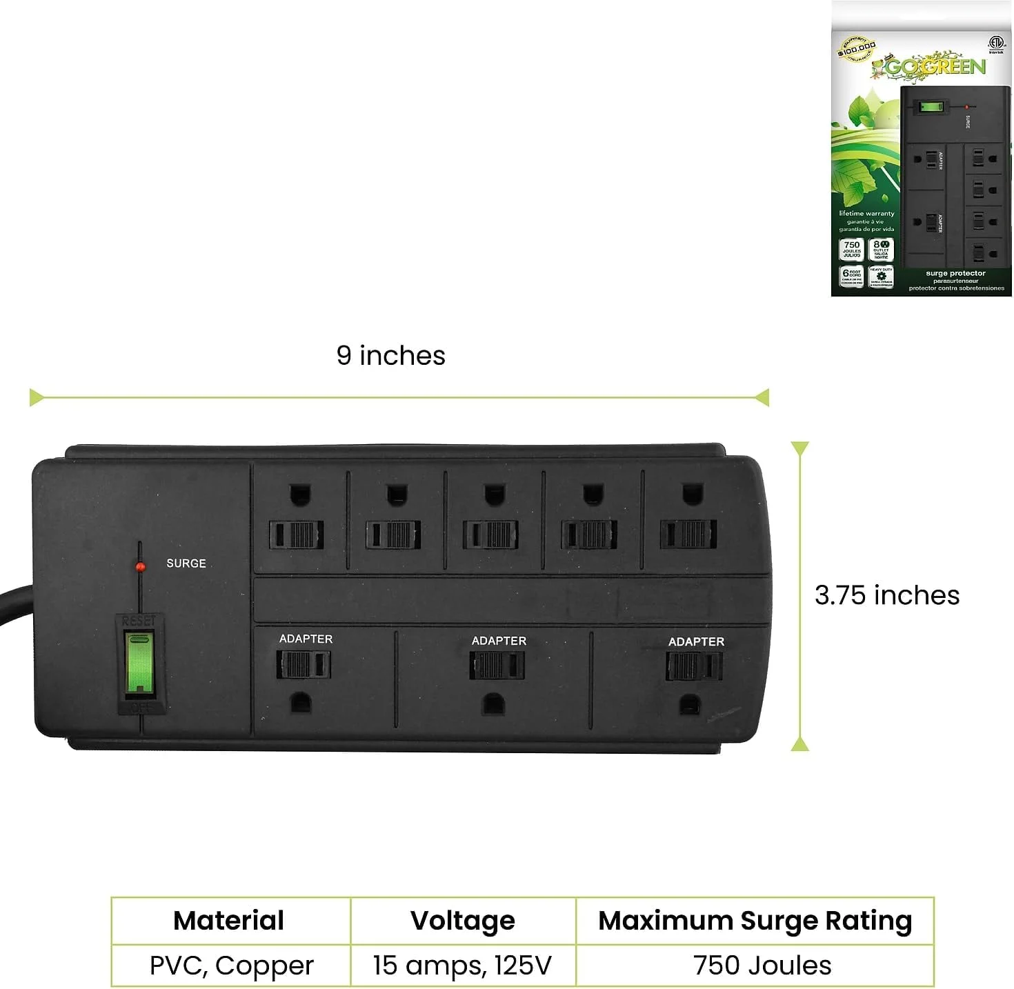 محافظ برق 8 خروجی Go Green Power GG-18316BK، مشکی