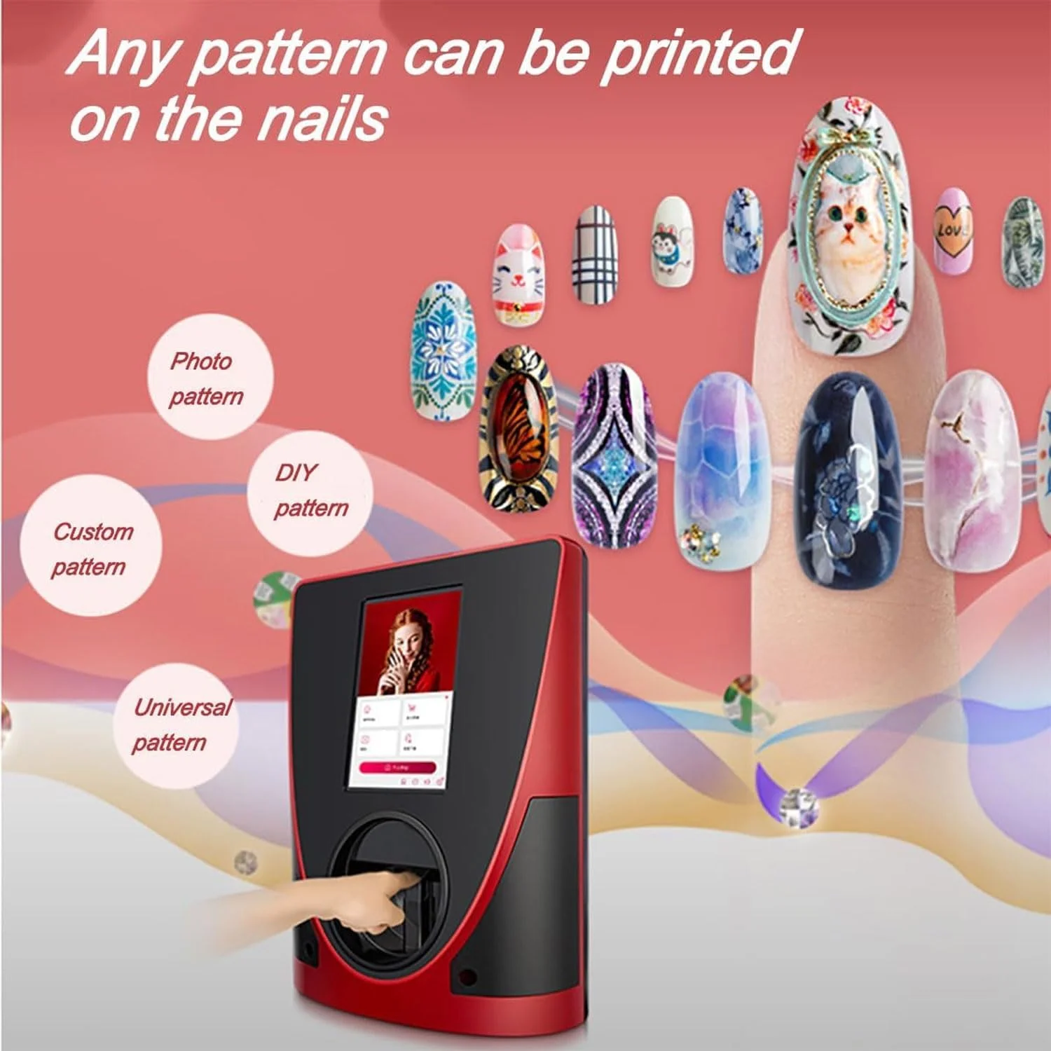 دستگاه چاپ هوشمند طرح ناخن، دستگاه طراحی سه بعدی ناخن با صفحه لمسی 10.1 اینچی، ابزار خودکار مانیکور چاپی 2400dpi، با عملکرد ذخیره سازی، برای سالن های ناخن، آرایشگاه ها، استودیوهای عکاسی