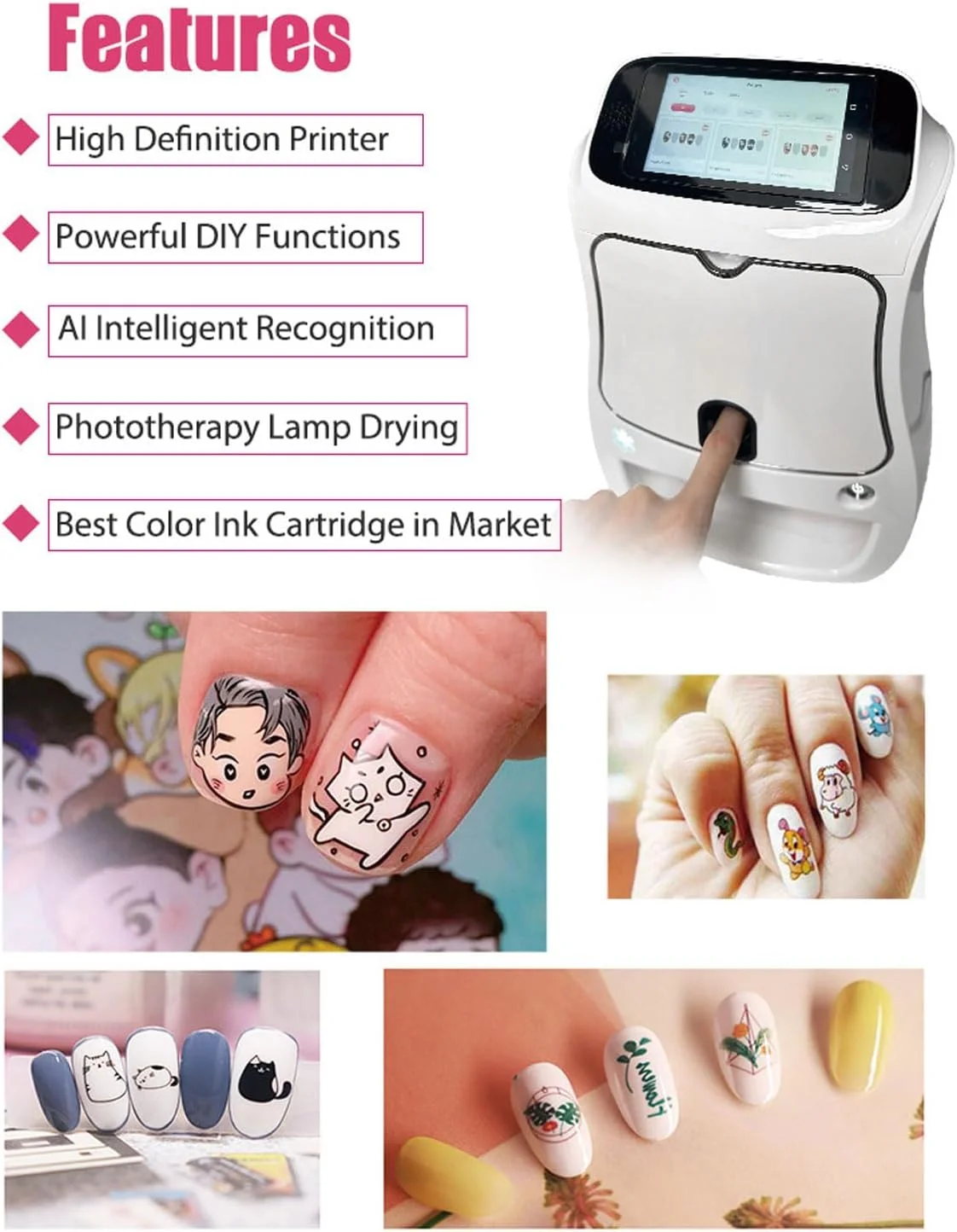 دستگاه چاپ ناخن سه بعدی اتوماتیک، دستگاه طراحی ناخن با صفحه لمسی و عملکرد خشک کردن، چاپگر قابل حمل هنر ناخن DIY با رزولوشن 1200dpi مناسب برای سالن ها، رستوران ها، شرکت ها، سالن های زیبایی