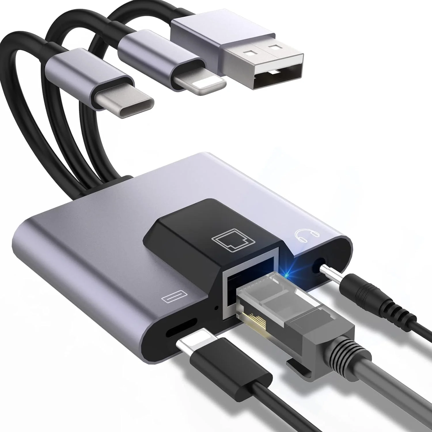 آداپتور USB به اترنت NALACAL، آلومینیومی 3 در 1 بدون نیاز به درایور، آداپتور شبکه LAN با RJ45 10/100Mbps برای لپ تاپ، کامپیوتر، ویندوز، مک، تلفن/تبلت، سوکت صوتی 3.5 میلی متری، Plug and Play