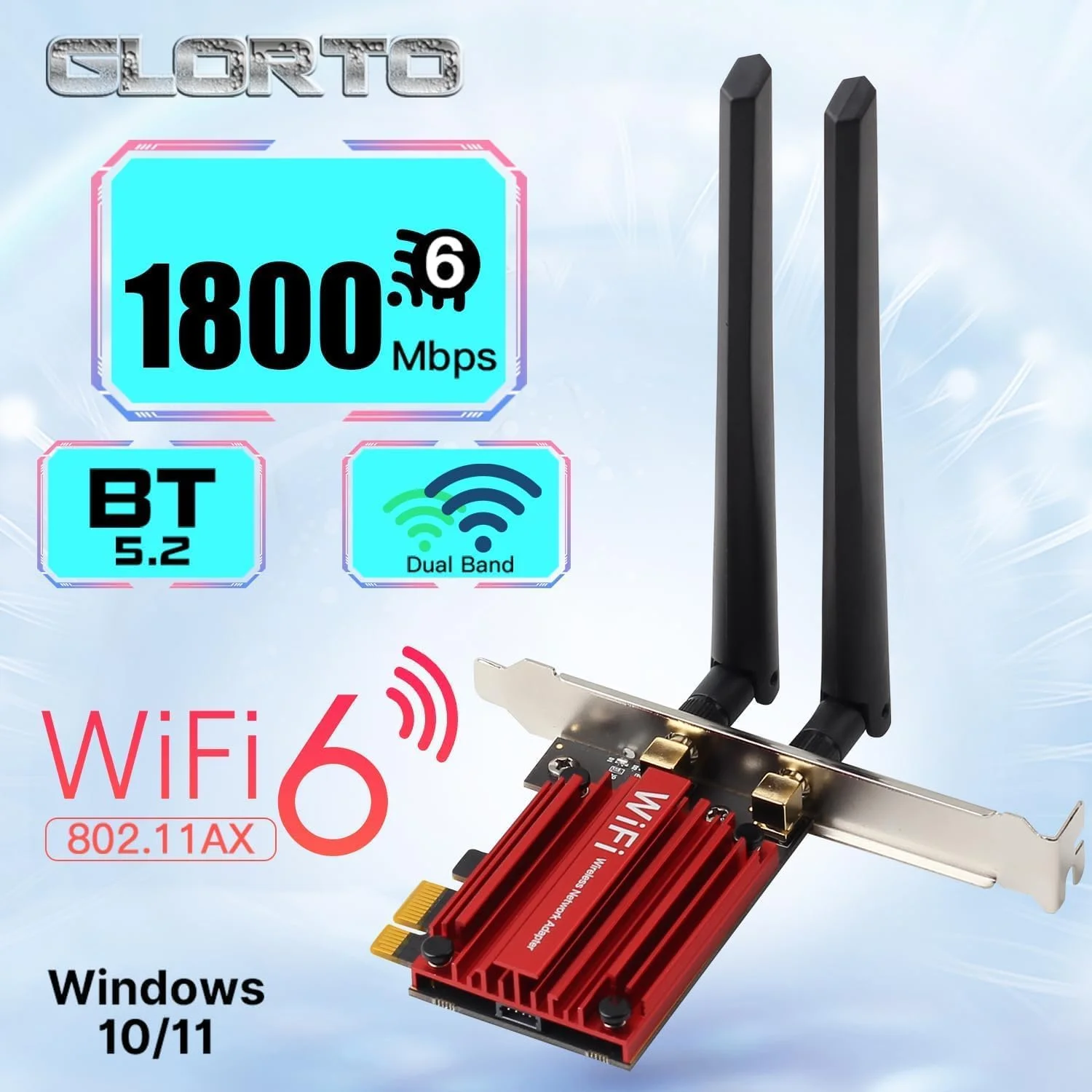 کارت شبکه وای فای 6 PCIe مدل AX1800، آداپتور شبکه بی سیم PCIe با بلوتوث 5.2، آداپتور دو بانده وای فای 6 با سرعت 1800 مگابیت بر ثانیه، آداپتور بی سیم PCIe برای رایانه های رومیزی، پشتیبانی از ویندوز 11/10 (64 بیتی) کارت شبکه وای فای 6 PCIe مدل AX1800، آداپتور شبکه بی سیم PCIe با بلوتوث 5.2، آداپتور دو بانده وای فای 6 با سرعت 1800 مگابیت بر ثانیه، آداپتور بی سیم PCIe برای رایانه های رومیزی، پشتیبانی از ویندوز 11/10 (64 بیتی)