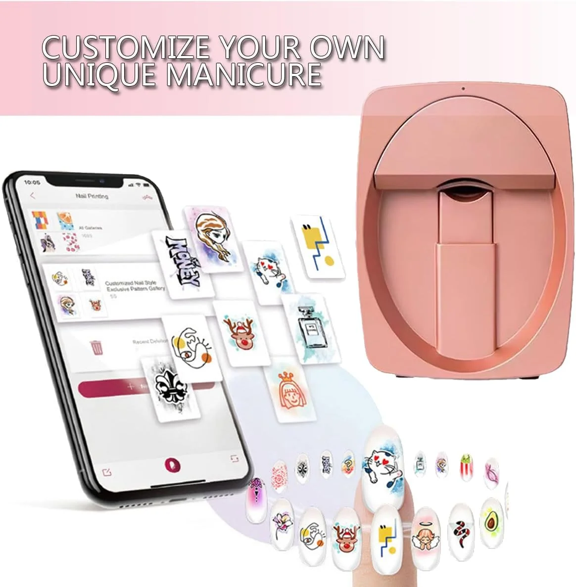 دستگاه چاپ ناخن دیجیتال موبایل، دستگاه چاپگر خودکار سه بعدی ناخن، دستگاه مینی قابل حمل طراحی ناخن کنترل از طریق اپلیکیشن موبایل، پشتیبانی از وای فای/DIY/Usb، برای استفاده خانگی، سالن ناخن، دوستداران ناخن