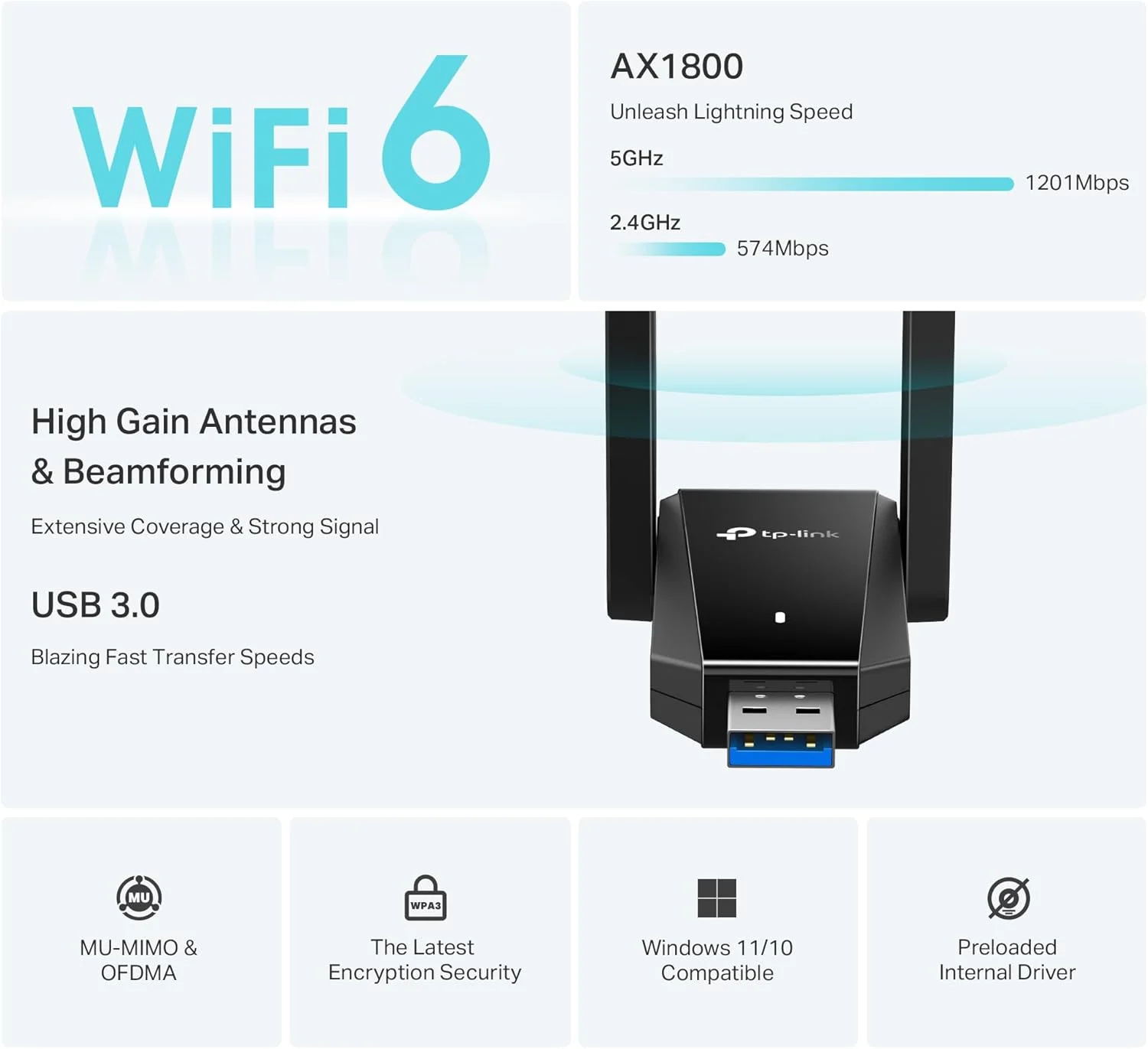 آداپتور وای فای USB 3.0 تی پی-لینک مدل Archer TX30U Plus - AX1800 WiFi 6 دو بانده با قابلیت اتصال آسان، دارای فرکانس 2.4 گیگاهرتز، 5 گیگاهرتز، 2 آنتن با بهره بالا و WPA3 آداپتور وای فای USB 3.0 تی پی-لینک مدل Archer TX30U Plus - AX1800 WiFi 6 دو بانده با قابلیت اتصال آسان، دارای فرکانس 2.4 گیگاهرتز، 5 گیگاهرتز، 2 آنتن با بهره بالا و WPA3