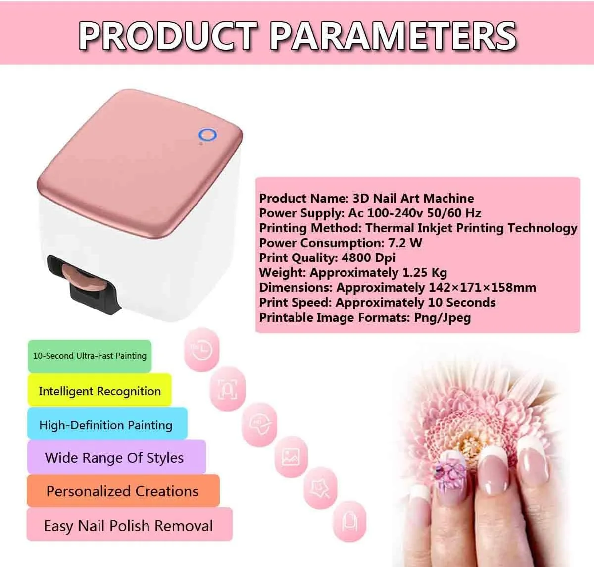 دستگاه چاپ ناخن قابل حمل DIY، دستگاه چاپگر سه بعدی ناخن، نقاشی 10 ثانیه ای، با کنترل برنامه و شناسایی لبه های ناخن برای استودیو ناخن/دوستداران ناخن/مانیکوریست