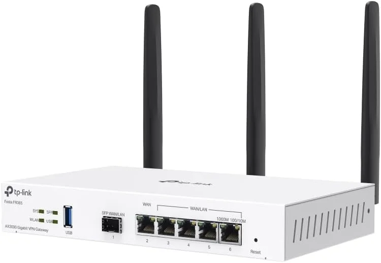 روتر VPN گیگابیتی وای فای 6 TP-Link Festa FR365 AX3000، تا 5 گیگابیت WAN + 1 USB 3.0 WAN + 1 SFP، شبکه خود سازماندهی، ابر رایگان، تعادل بار، مش، رومینگ یکپارچه، با Omada کار نمی کند روتر VPN گیگابیتی وای فای 6 TP-Link Festa FR365 AX3000، تا 5 گیگابیت WAN + 1 USB 3.0 WAN + 1 SFP، شبکه خود سازماندهی، ابر رایگان، تعادل بار، مش، رومینگ یکپارچه، با Omada کار نمی کند