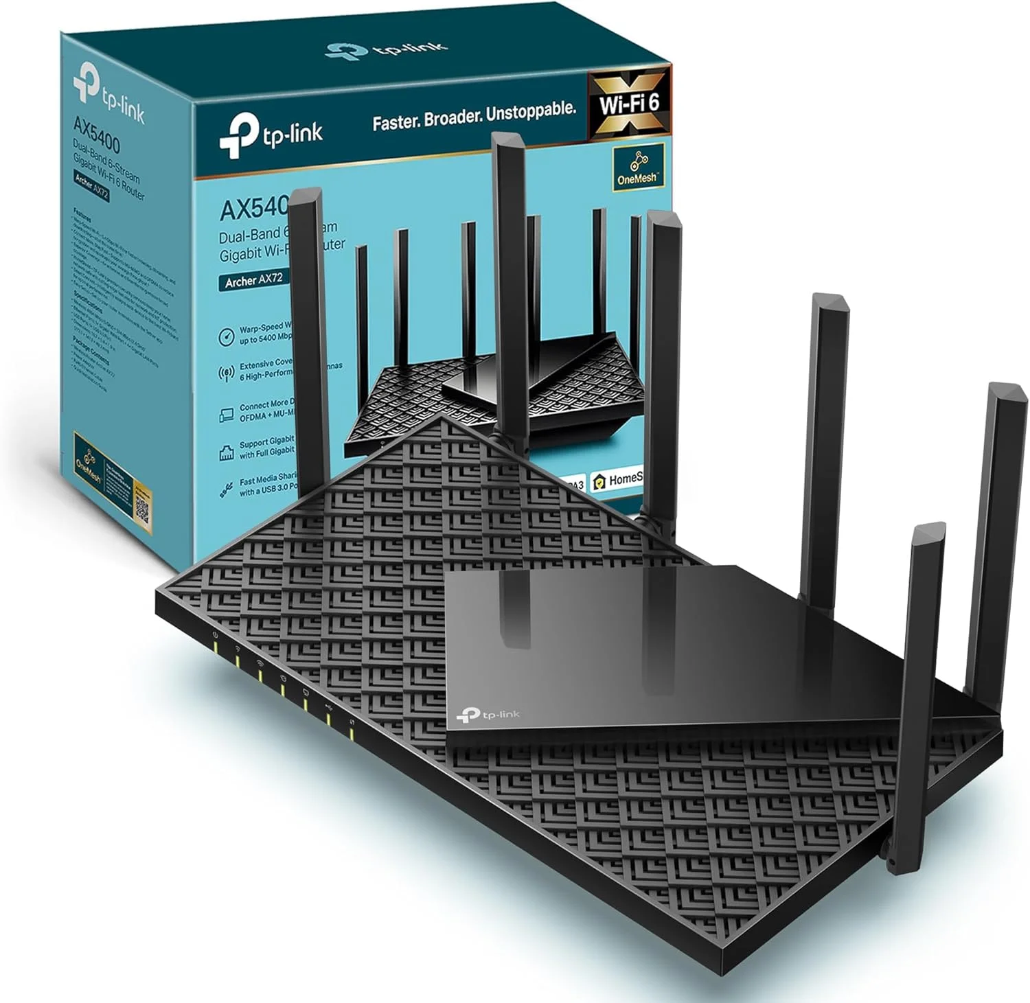 روتر بی‌سیم دو بانده گیگابیتی TP-Link با پشتیبانی از Wi-Fi 6 AX5400 Mbps، پشتیبانی از OneMesh™، پردازنده دو هسته‌ای، TP-Link HomeShield، ایده‌آل برای بازی Xbox/PS4/Steam، نصب آسان (Archer AX72)