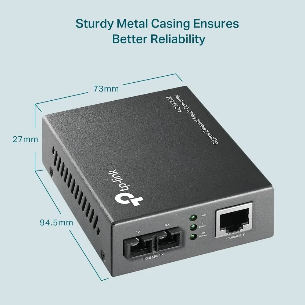 مبدل رسانه ای گیگابیتی اترنت TP-Link MC200CM، دارای 2 پورت فیبر SC، 1 پورت RJ45، فیبر چند حالته، فاصله انتقال 550 متر