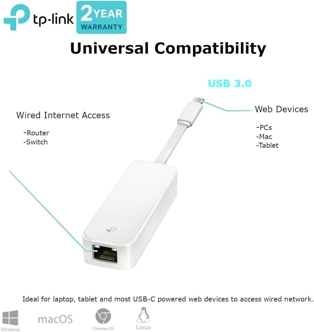 آداپتور USB-C به اترنت TP-Link UE300C، آداپتور شبکه اترنت گیگابیتی USB 3.0 Type-C به RJ45 برای الترابوک، کروم بوک، لپ تاپ، دسکتاپ، Plug & Play برای نینتندو سوییچ، ویندوز 10 و 8.1، سیستم عامل لینوکس