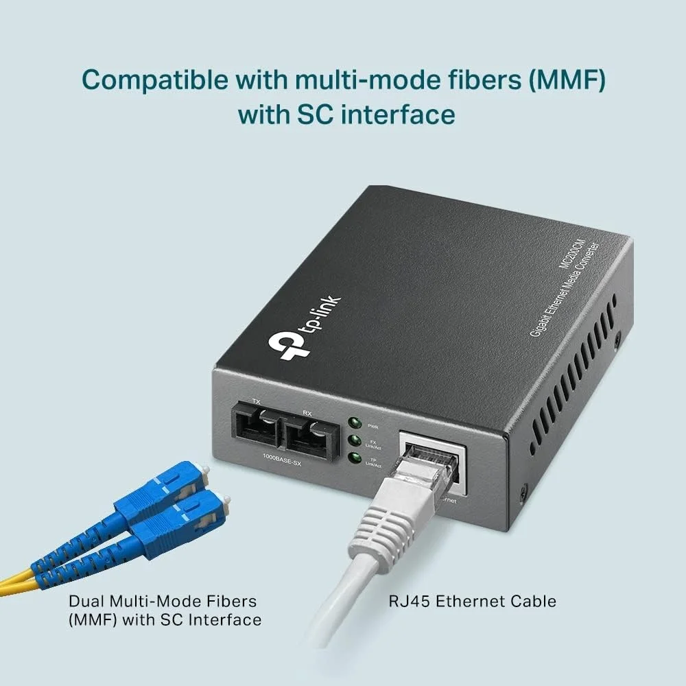 مبدل رسانه ای گیگابیتی اترنت TP-Link MC200CM، دارای 2 پورت فیبر SC، 1 پورت RJ45، فیبر چند حالته، فاصله انتقال 550 متر