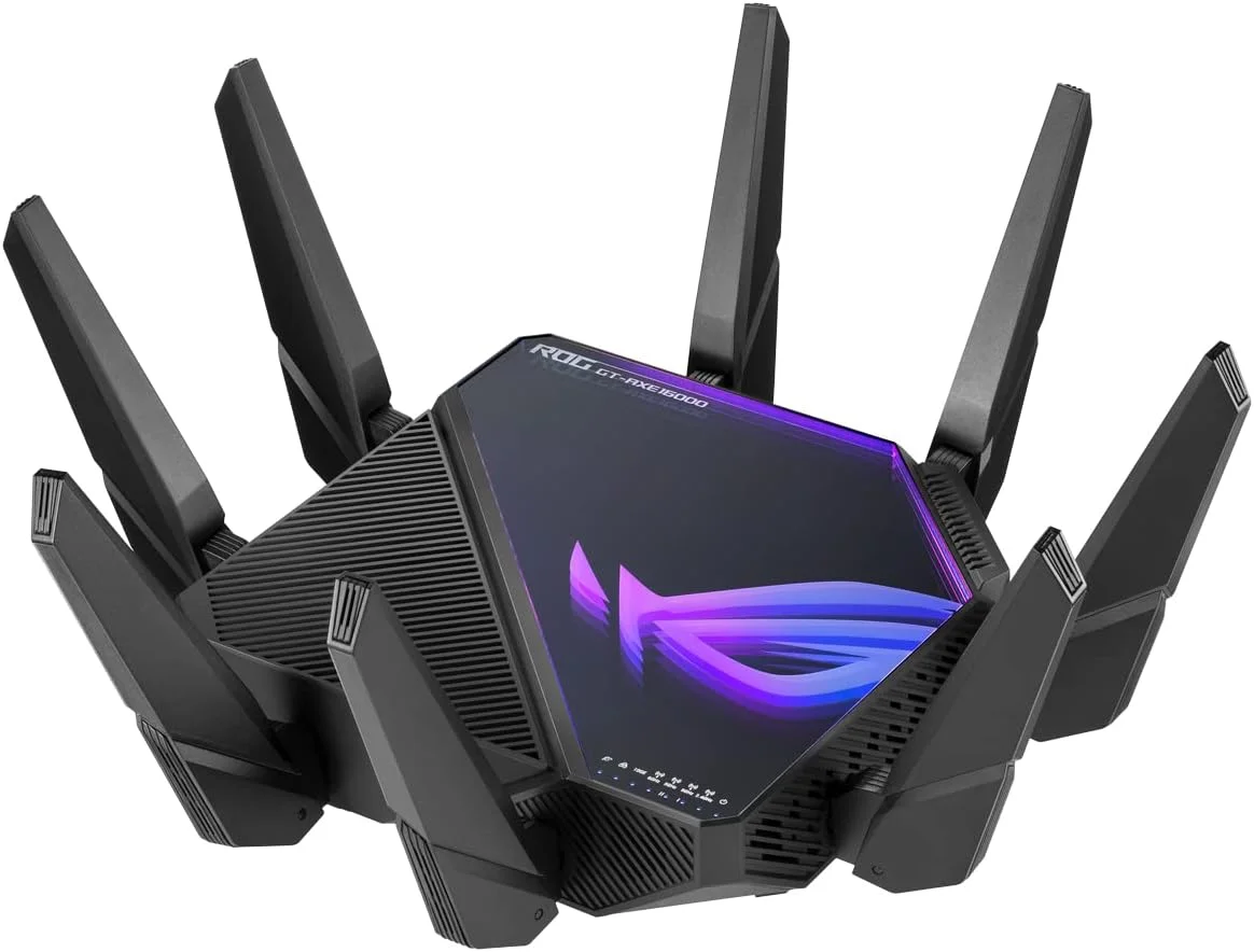 روتر گیمینگ ASUS ROG Rapture WiFi 6E (GT-AXE16000) - چهار بانده، آماده برای 6 گیگاهرتز، دو پورت 10G، پورت WAN 2.5G، پشتیبانی از AiMesh، شتاب دهنده بازی سه سطحی - مشکی روتر گیمینگ ASUS ROG Rapture WiFi 6E (GT-AXE16000) - چهار بانده، آماده برای 6 گیگاهرتز، دو پورت 10G، پورت WAN 2.5G، پشتیبانی از AiMesh، شتاب دهنده بازی سه سطحی - مشکی