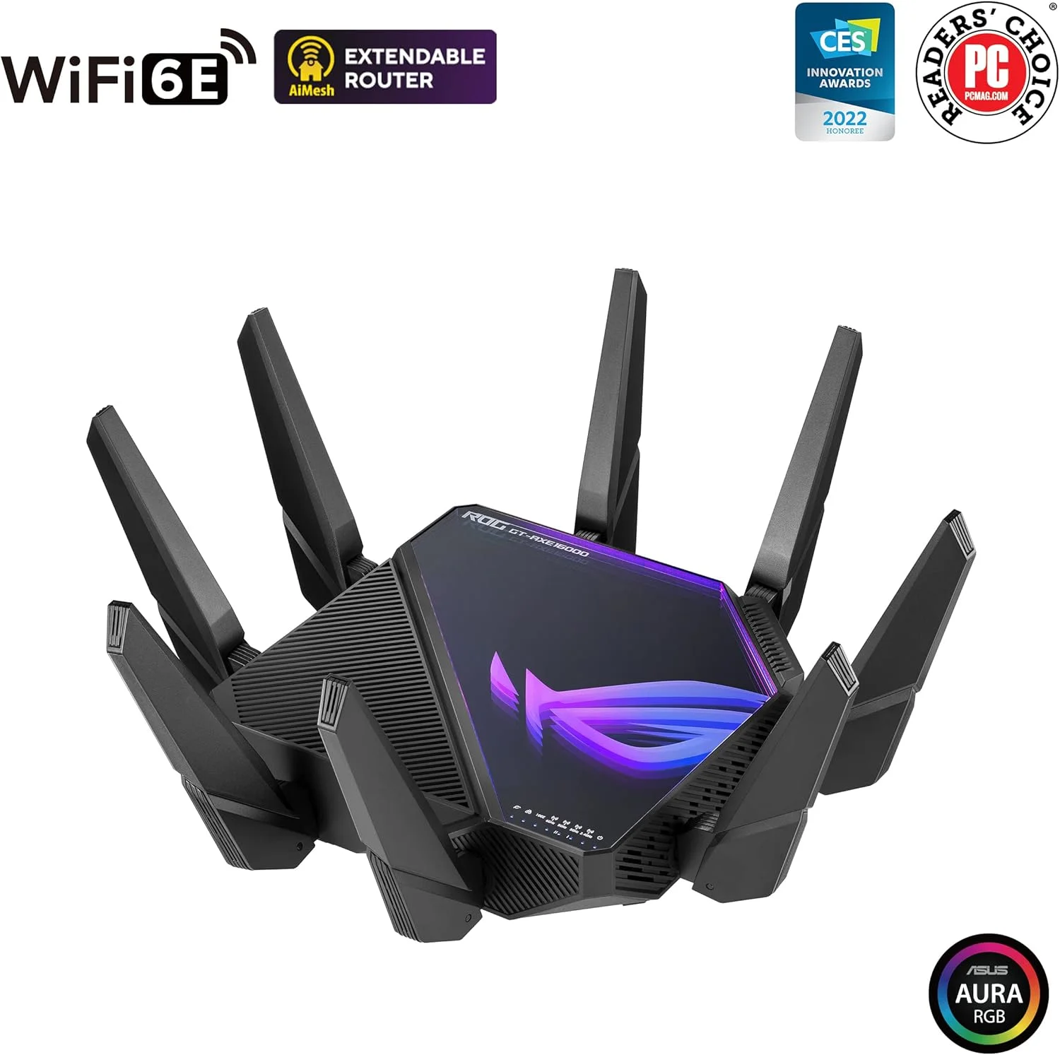 روتر گیمینگ ASUS ROG Rapture WiFi 6E (GT-AXE16000) - چهار بانده، آماده برای 6 گیگاهرتز، دو پورت 10G، پورت WAN 2.5G، پشتیبانی از AiMesh، شتاب دهنده بازی سه سطحی - مشکی
