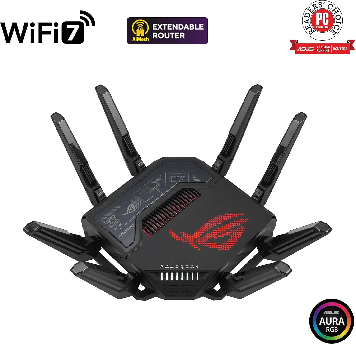 روتر گیمینگ ASUS ROG Rapture GT-BE98 چهار بانده WiFi 7 با قابلیت توسعه AiMesh، 25 گیگابیت بر ثانیه، 320 مگاهرتز، 4K-QAM، دو پورت 10G، چهار پورت 2.5G، VPN، اتصال موبایل 4G LTE/5G - مشکی