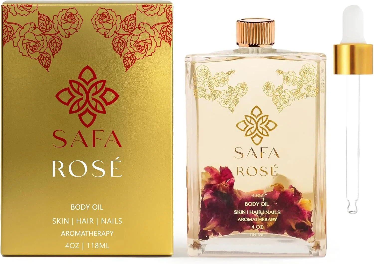 روغن گل رز SAFA - روغن ارگانیک برای صورت، بدن، مو، ناخن و رایحه درمانی | روغن ضروری گل رز بلغاری و گلبرگ های شناور ارگانیک گل رز | مرطوب کننده برای زنان و مردان - 4 Fl Oz