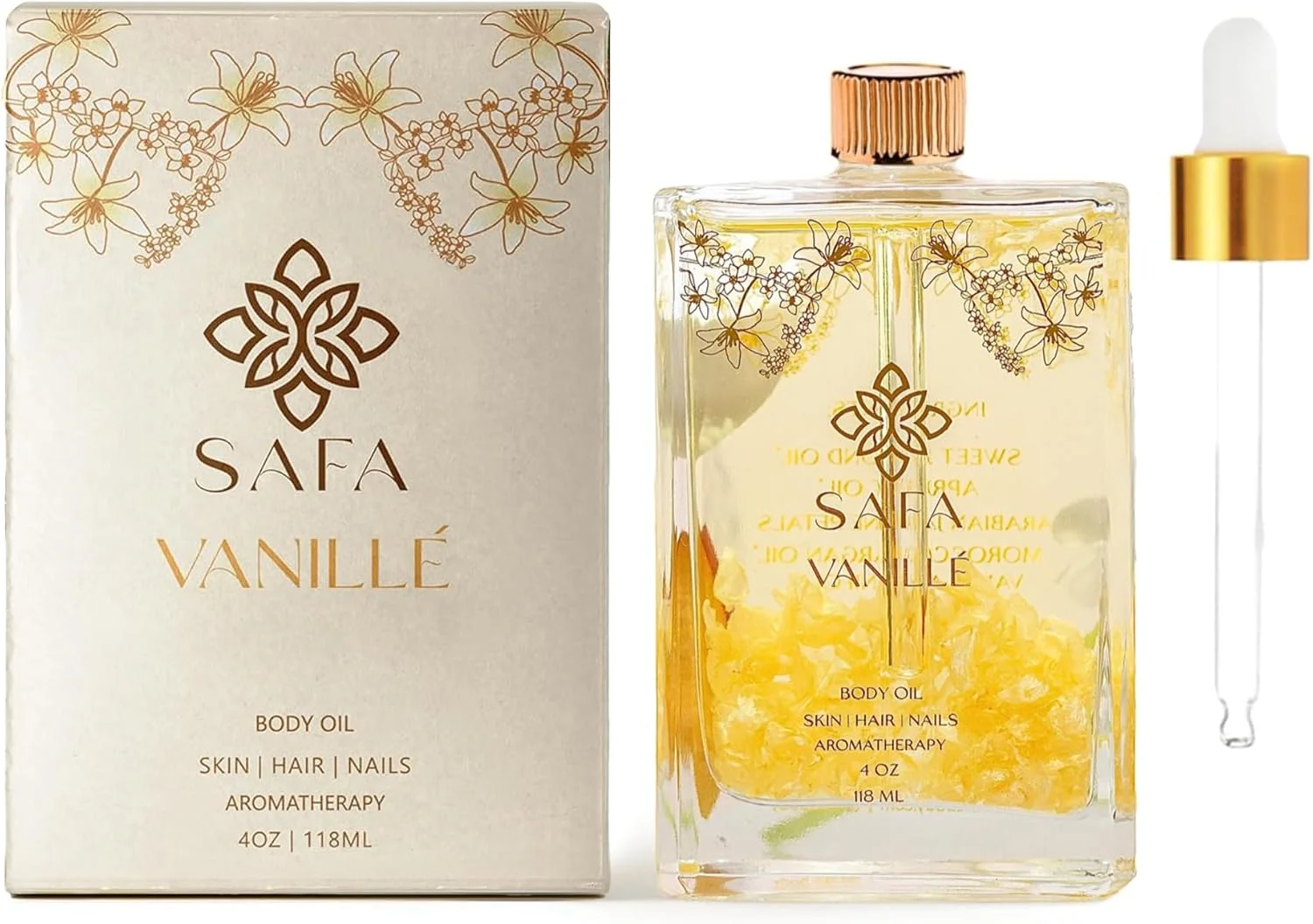 روغن وانیلی SAFA - روغن ارگانیک برای صورت، بدن، مو، ناخن و رایحه درمانی | عصاره وانیل و گلبرگ های معطر یاس سامباک عربی شناور | مرطوب کننده برای آقایان و بانوان