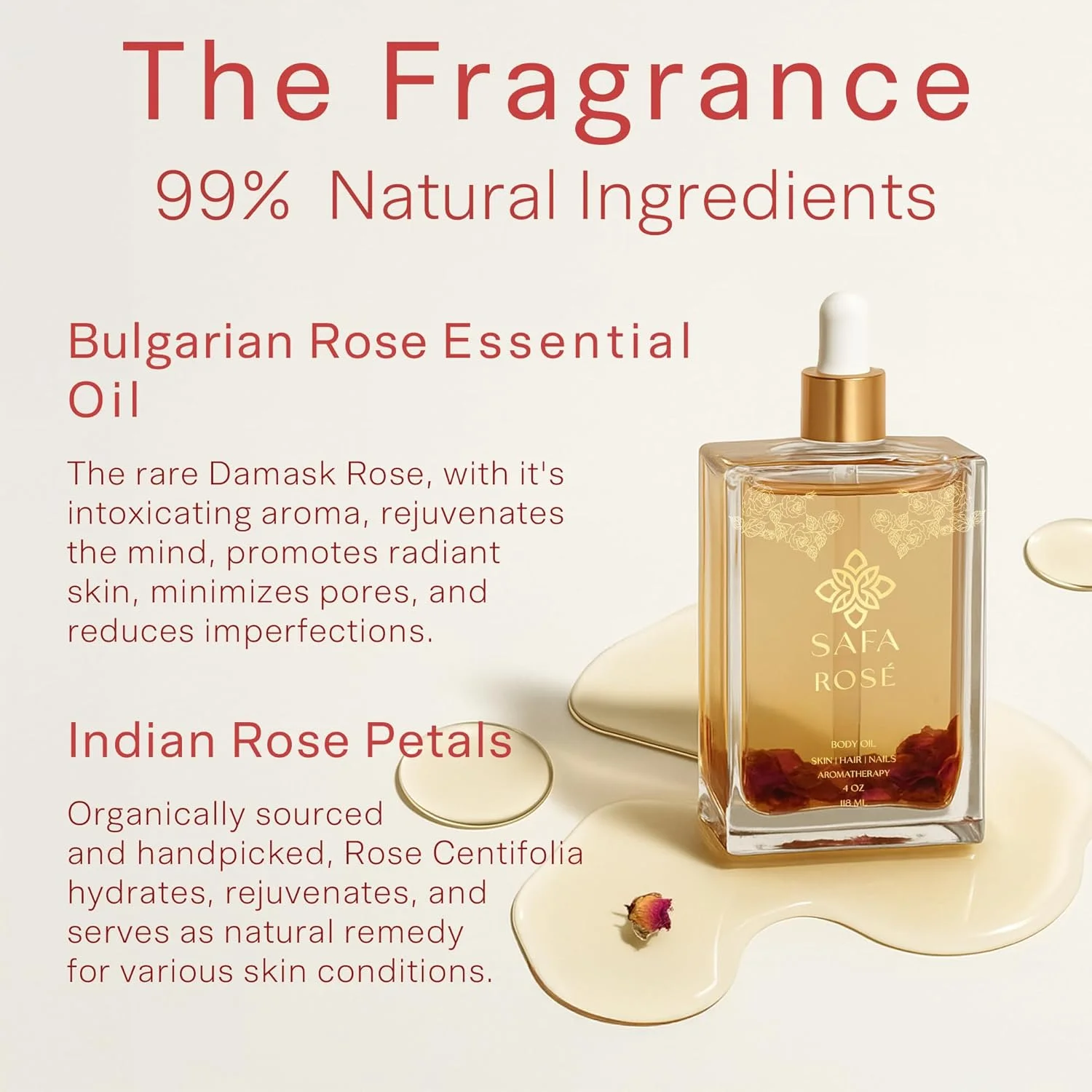 روغن گل رز SAFA - روغن ارگانیک برای صورت، بدن، مو، ناخن و رایحه درمانی | روغن ضروری گل رز بلغاری و گلبرگ های شناور ارگانیک گل رز | مرطوب کننده برای زنان و مردان - 4 Fl Oz