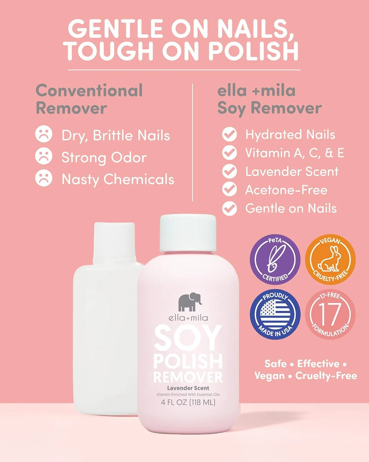 پاک کننده لاک ناخن سویا Ella+Mila - بدون استون با روغن اسانس اسطوخودوس، روغن ویتامین A، C، E (118 میلی لیتر)