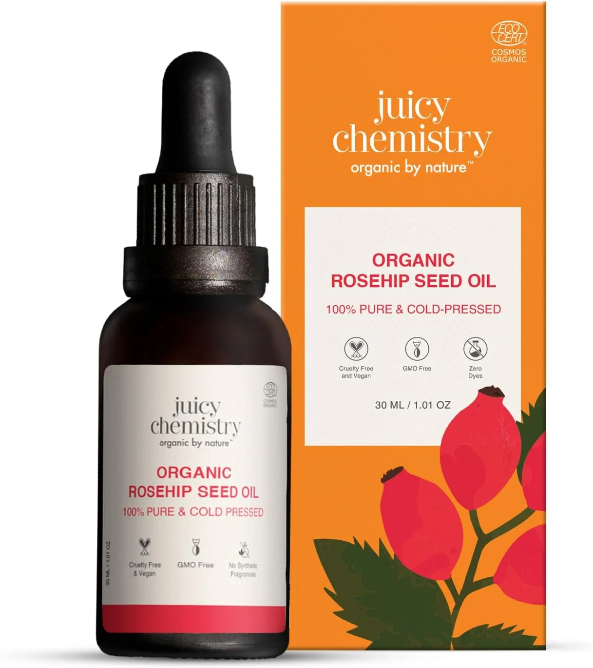 روغن دانه گل رز Juicy Chemistry، 30 میلی لیتر | 100% خالص، ارگانیک، روغن حامل پرس سرد | کاهش دهنده جای زخم، ترک های پوستی، خطوط ریز، چروک | درجه درمانی برای صورت، مو، ناخن | مناسب برای همه