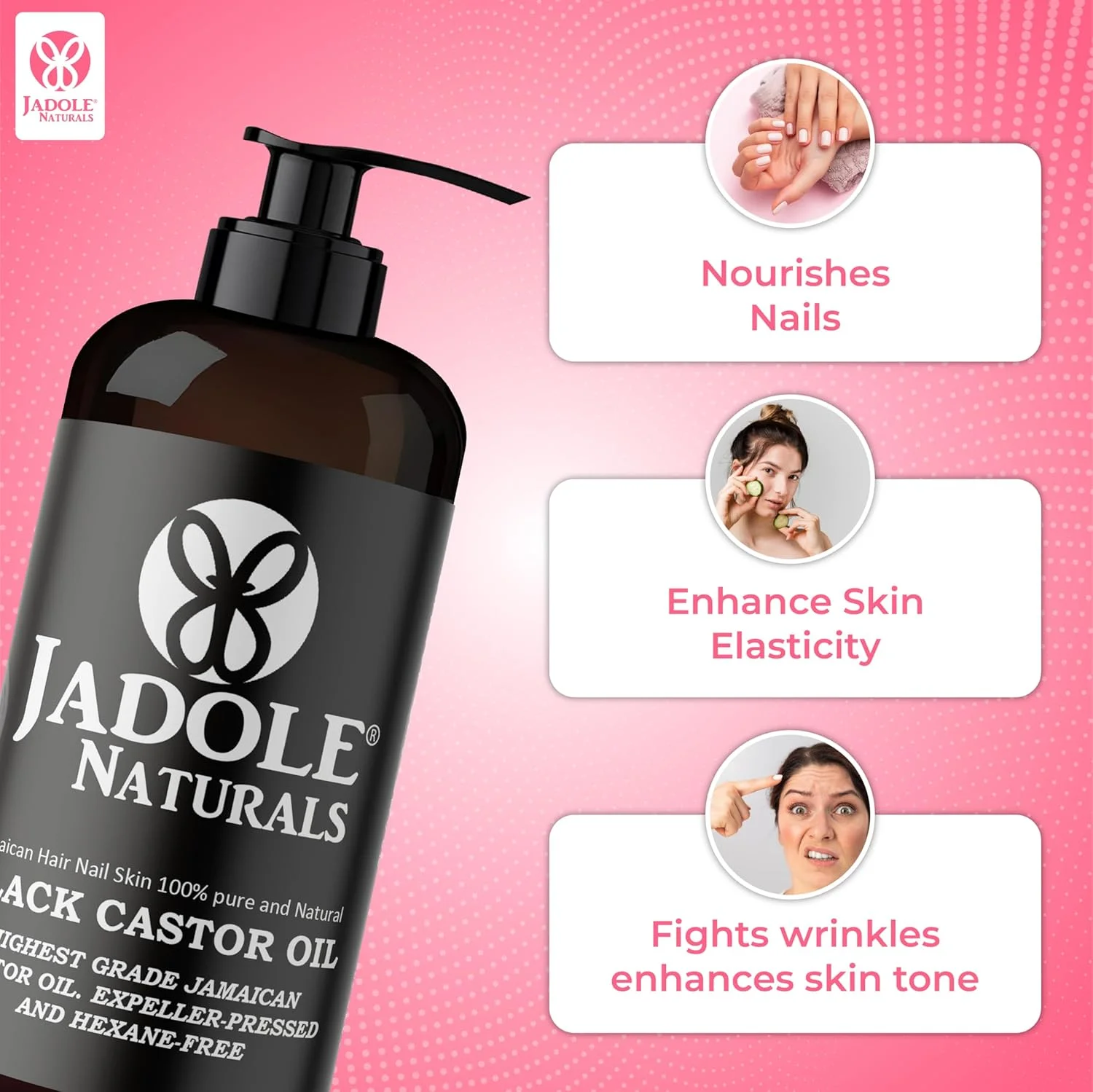 روغن کرچک سیاه جامائیکایی Jadole Naturals - 240 میلی لیتر، 100% طبیعی، خالص و بدون هگزان | بهبود رنگ و کشسانی پوست، بهبود رشد مو، مژه و ابرو، سلامت پوست سر، مرطوب کننده، تغذیه پوست و ناخن