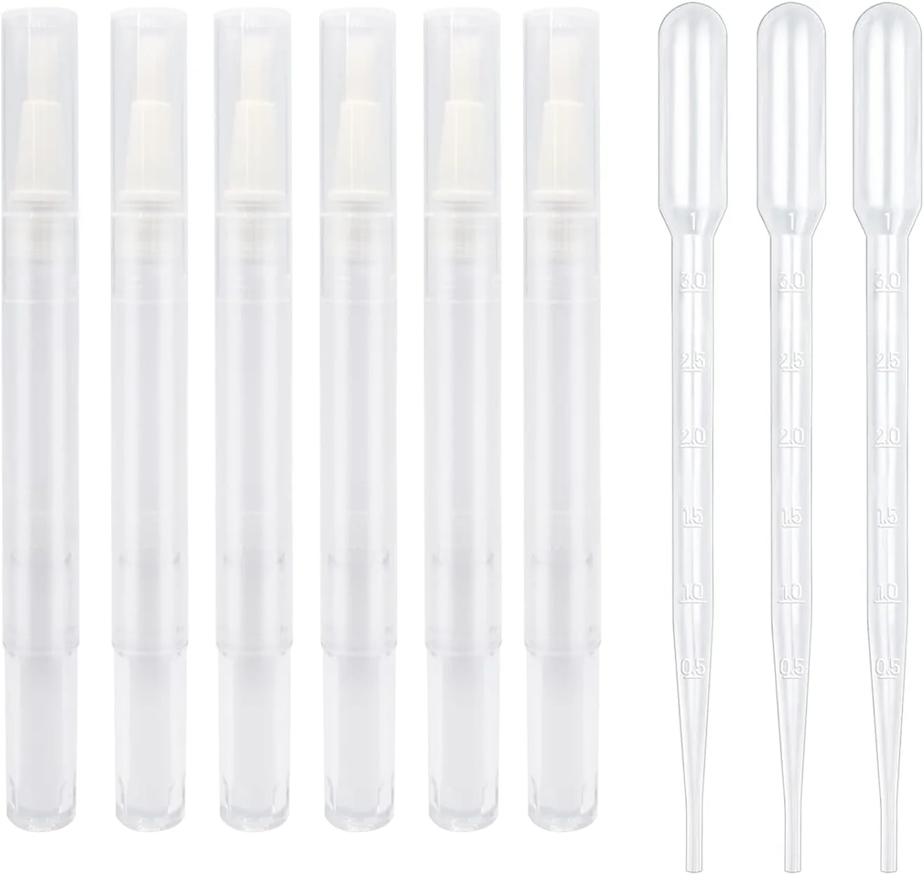 ۶ عدد قلم روغن کوتیکول خالی ۳ میلی لیتری با ۳ عدد پیپت، قلم های چرخشی شفاف، قلم روغن ناخن با نوک برس، اپلیکاتورهای ظرف لوازم آرایشی برای روغن ناخن خانگی، براق کننده لب، مایع رشد مژه و غیره