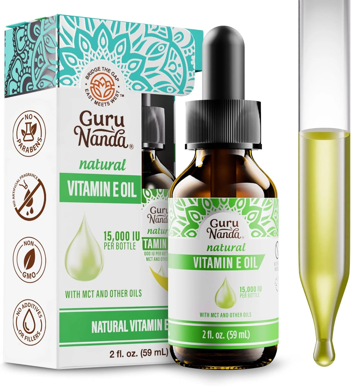 روغن ویتامین ای GuruNanda، 59 میلی لیتر خالص و طبیعی، 15000 واحد بین المللی در هر بطری، برای پوست، مو، صورت، ناخن ها و جای زخم، با روغن نارگیل برای کمک به تغذیه و رطوبت رسانی، غیر GMO و وگان