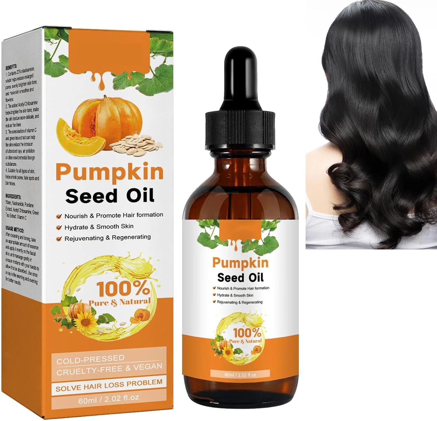 روغن مو، روغن دانه کدو تنبل 60 میلی لیتری برای رشد مو، مژه، ابرو و ناخن - روغن پایه ماساژ موی سالم تر برای موهای خشک و آسیب دیده