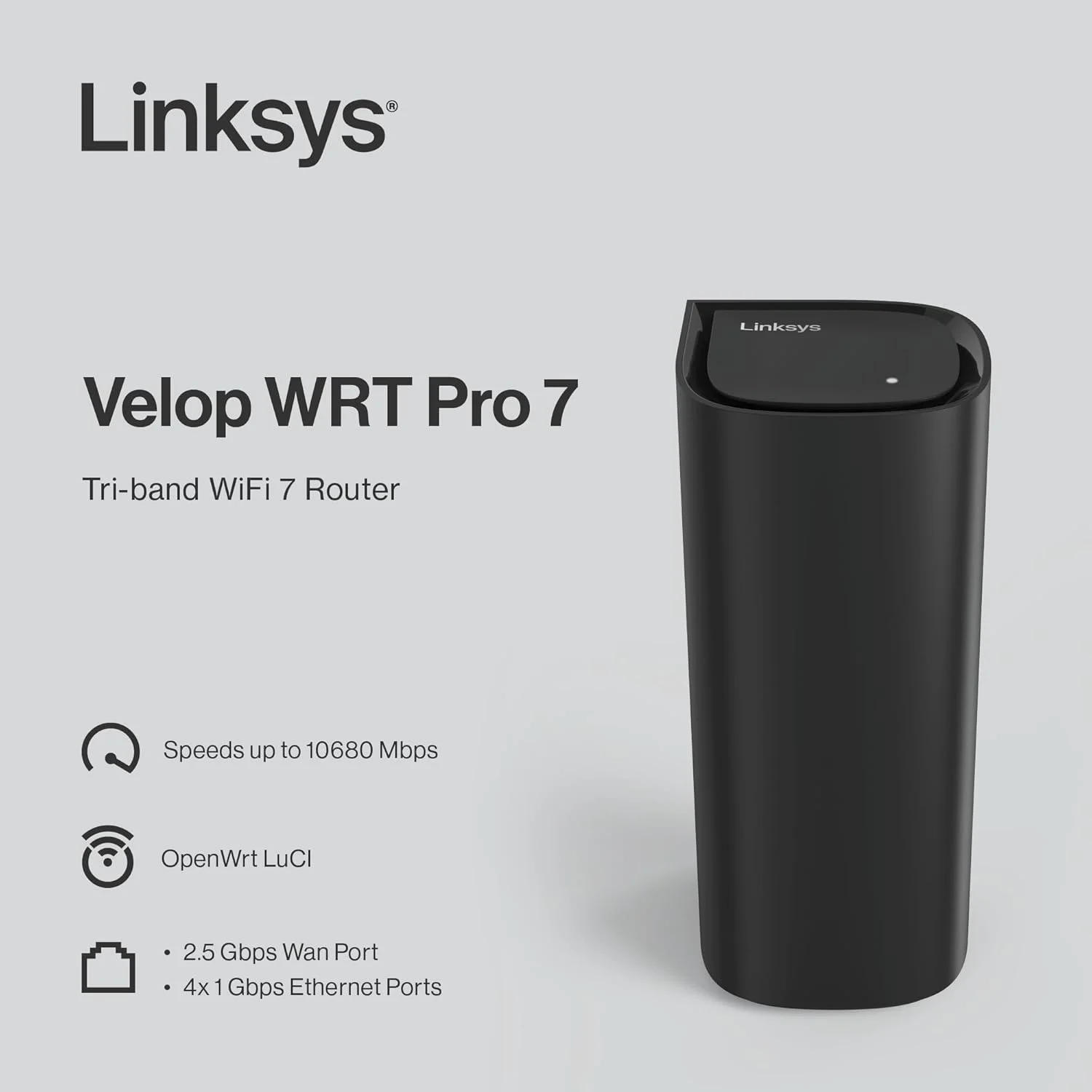 روتر سه بانده WiFi 7 لینکسیس Velop WRT Pro 7، سرعت تا 10680 مگابیت بر ثانیه، OpenWrt LuCI، پورت Wan 2.5 گیگابیتی و 4 پورت اترنت 1 گیگابیتی