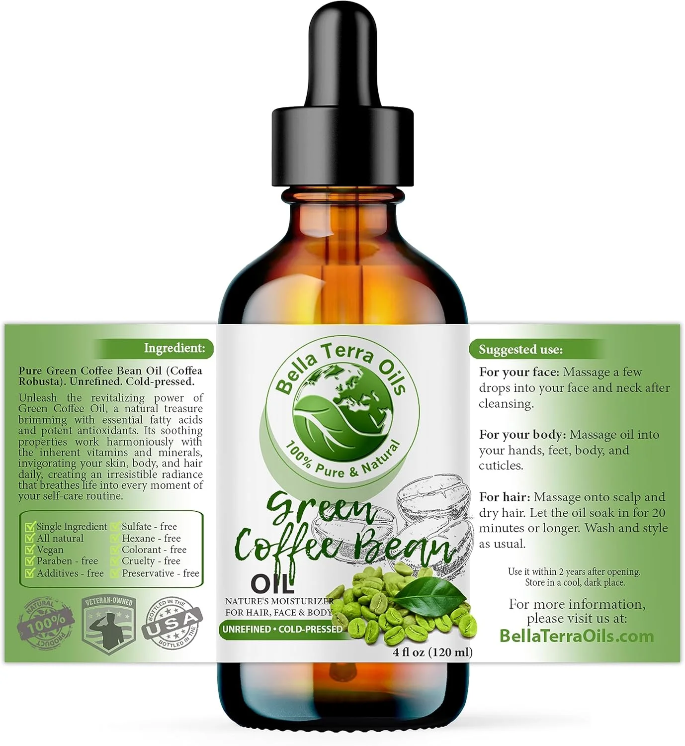 روغن دانه قهوه سبز جدید. ۱۲۰ میلی لیتر، پرس سرد، تصفیه نشده، ارگانیک، ۱۰۰٪ خالص، غیر کومدوژنیک، بدون هگزان. کاهش پف زیر چشم. مرطوب کننده طبیعی. برای مو، پوست، ناخن، ترک های پوستی، جای زخم.