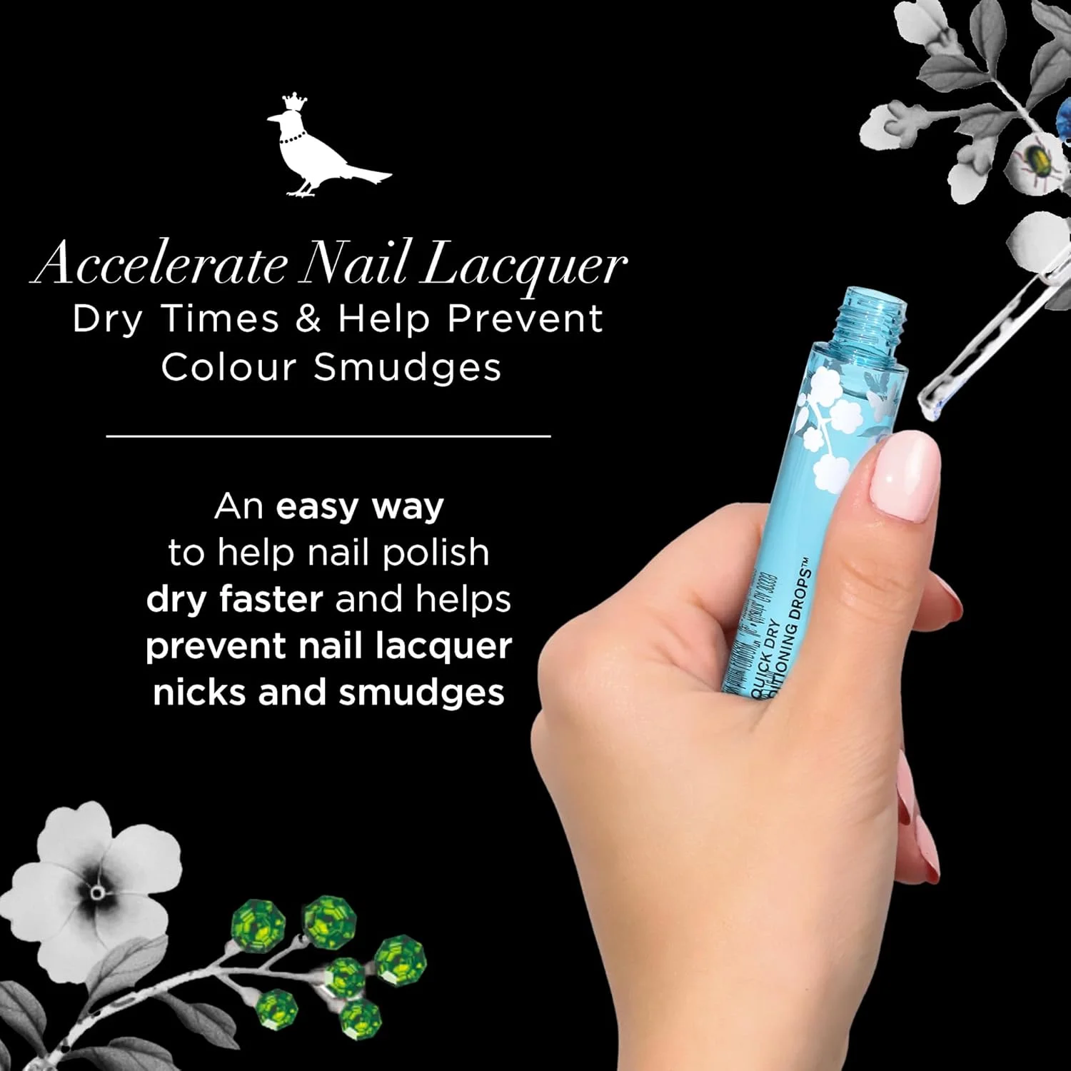 قطره های خشک کننده سریع و حالت دهنده ناخن باتر لندن، تسریع زمان خشک شدن لاک ناخن، حاوی روغن دانه گل رز، بدون تست حیوانی، بدون گلوتن، مناسب برای گیاهخواران