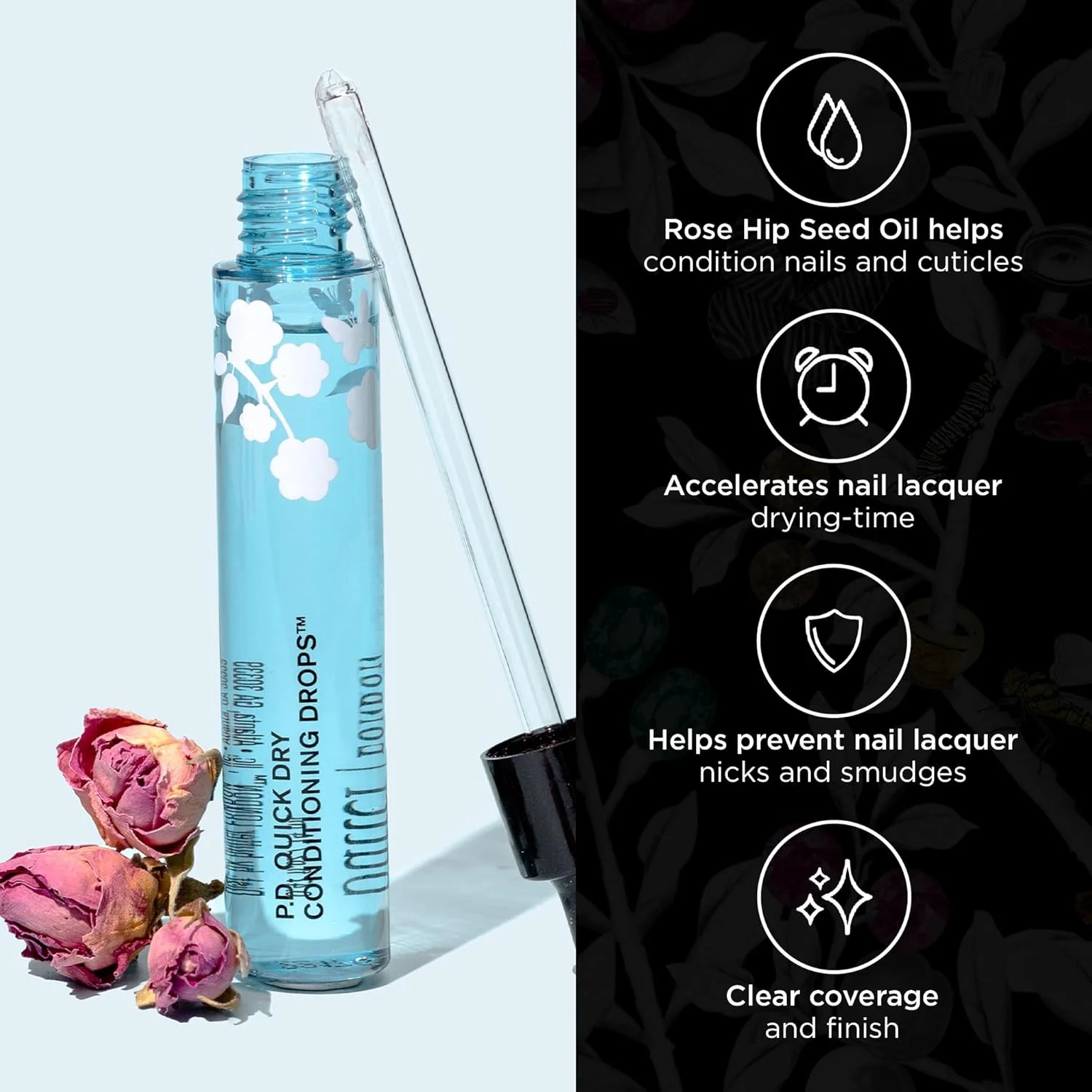 قطره های خشک کننده سریع و حالت دهنده ناخن باتر لندن، تسریع زمان خشک شدن لاک ناخن، حاوی روغن دانه گل رز، بدون تست حیوانی، بدون گلوتن، مناسب برای گیاهخواران
