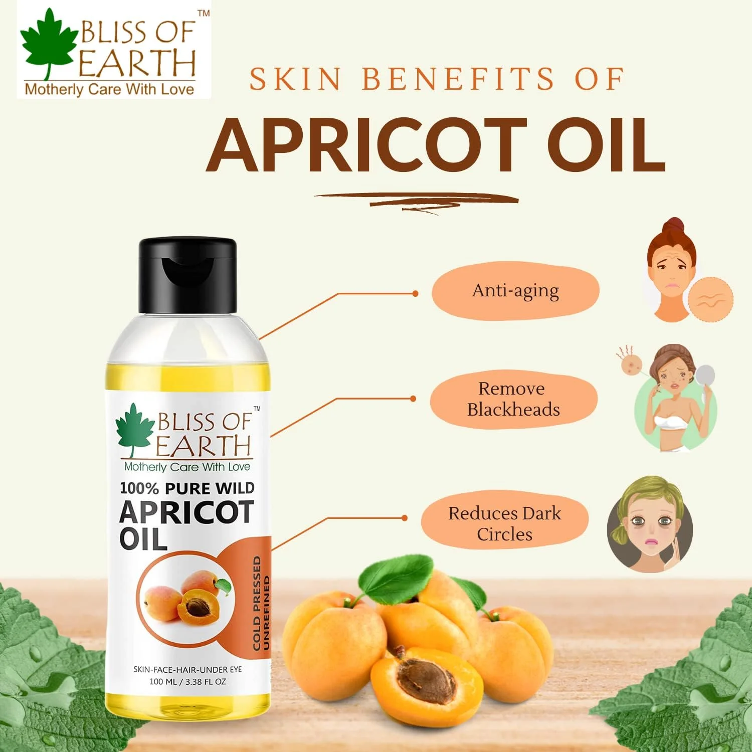 روغن زردآلوی ارگانیک فشرده سرد بلیس آو ارث برای پوست - روغن زردآلوی خالص و تصفیه نشده برای رشد مو - روغن زردآلوی هیمالیا برای ناخن، صورت، بدن، ماساژ و آبرسانی عمیق - 100 میلی لیتر