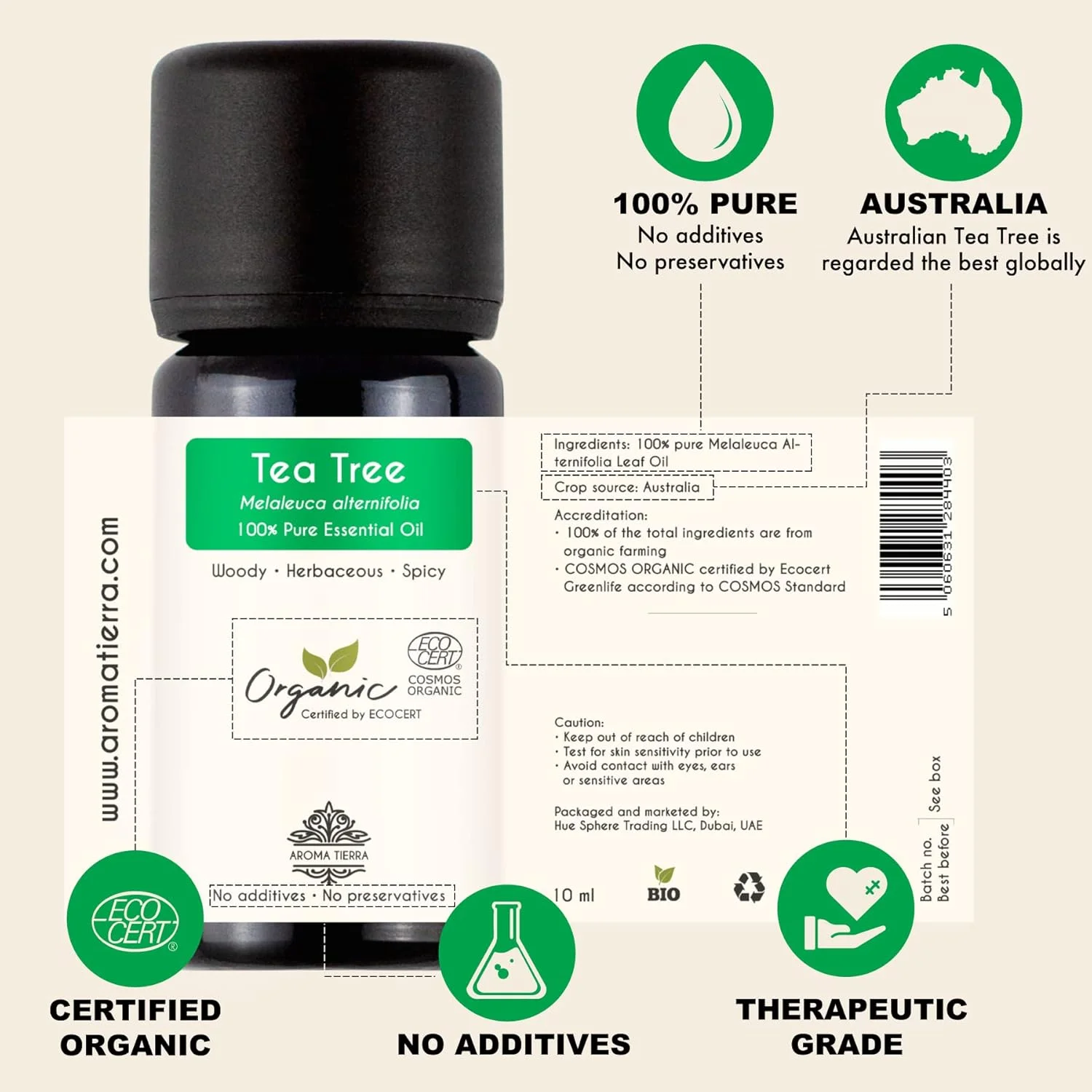 روغن درخت چای ارگانیک آروما تیرا - ملالوکا استرالیایی - 10 میلی لیتر - 100% خالص و طبیعی - برای پوست، صورت، ناخن، رشد مو، شوره سر، قارچ ناخن پا - مناسب برای دیفیوزر