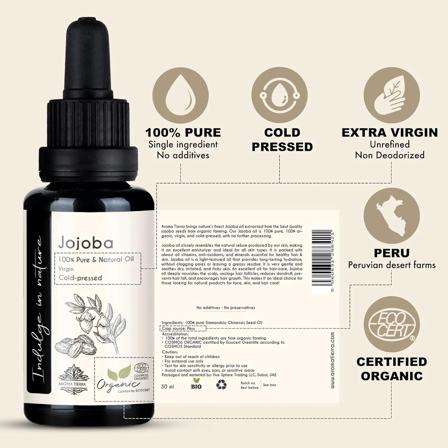 روغن جوجوبا ارگانیک آروما تیرا - 100% خالص، پرس سرد و تصفیه نشده - برای رشد مو، پوست سر، صورت، بدن، پوست خشک، ناخن - 30 میلی لیتر