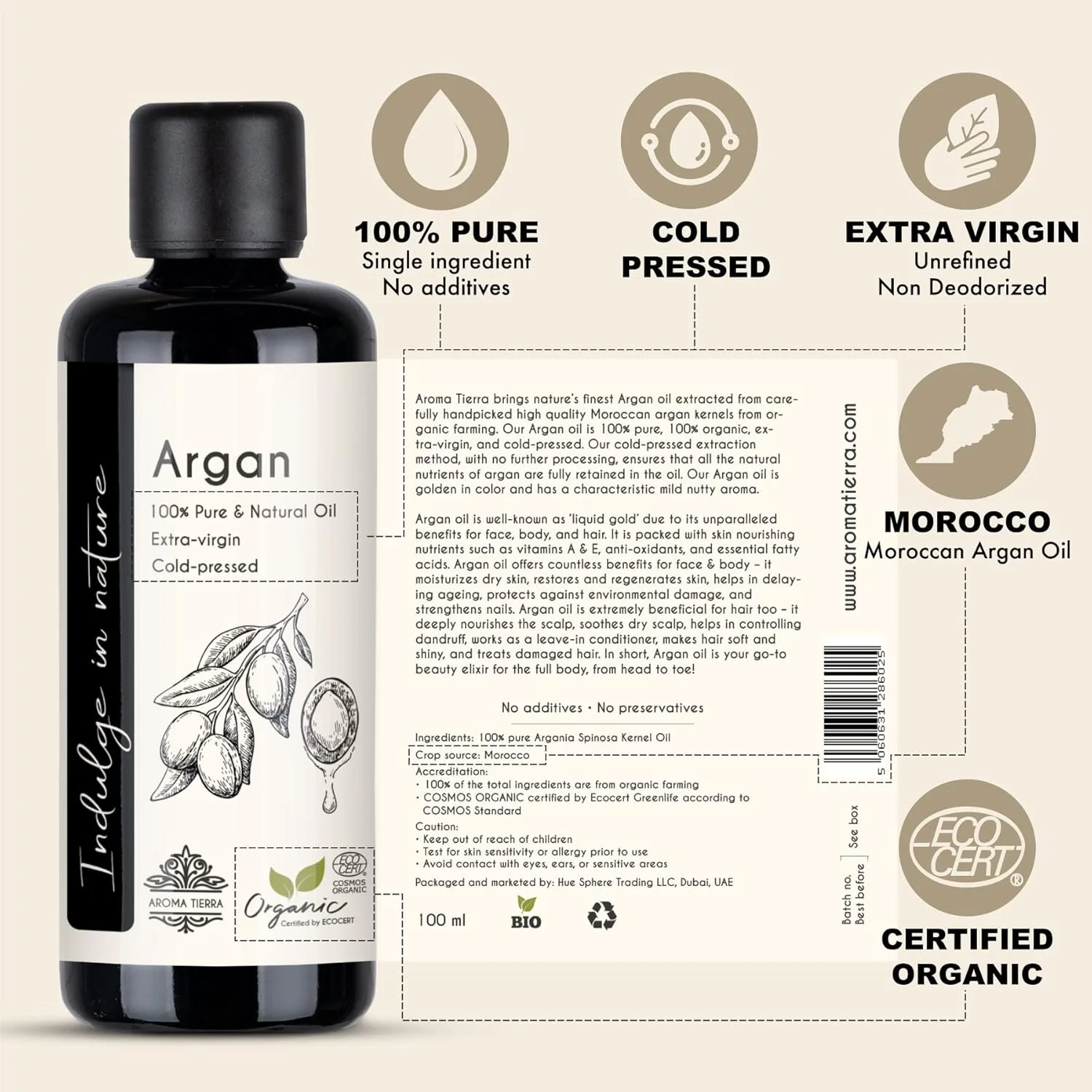 روغن آرگان مراکشی Aroma Tierra - ۱۰۰٪ خالص ارگانیک پرس سرد - برای رشد مو، وز، صورت، پوست، بدن، ناخن ها، کوتیکول ها - ۱۰۰ میلی لیتر روغن آرگان مراکشی Aroma Tierra - ۱۰۰٪ خالص ارگانیک پرس سرد - برای رشد مو، وز، صورت، پوست، بدن، ناخن ها، کوتیکول ها - ۱۰۰ میلی لیتر