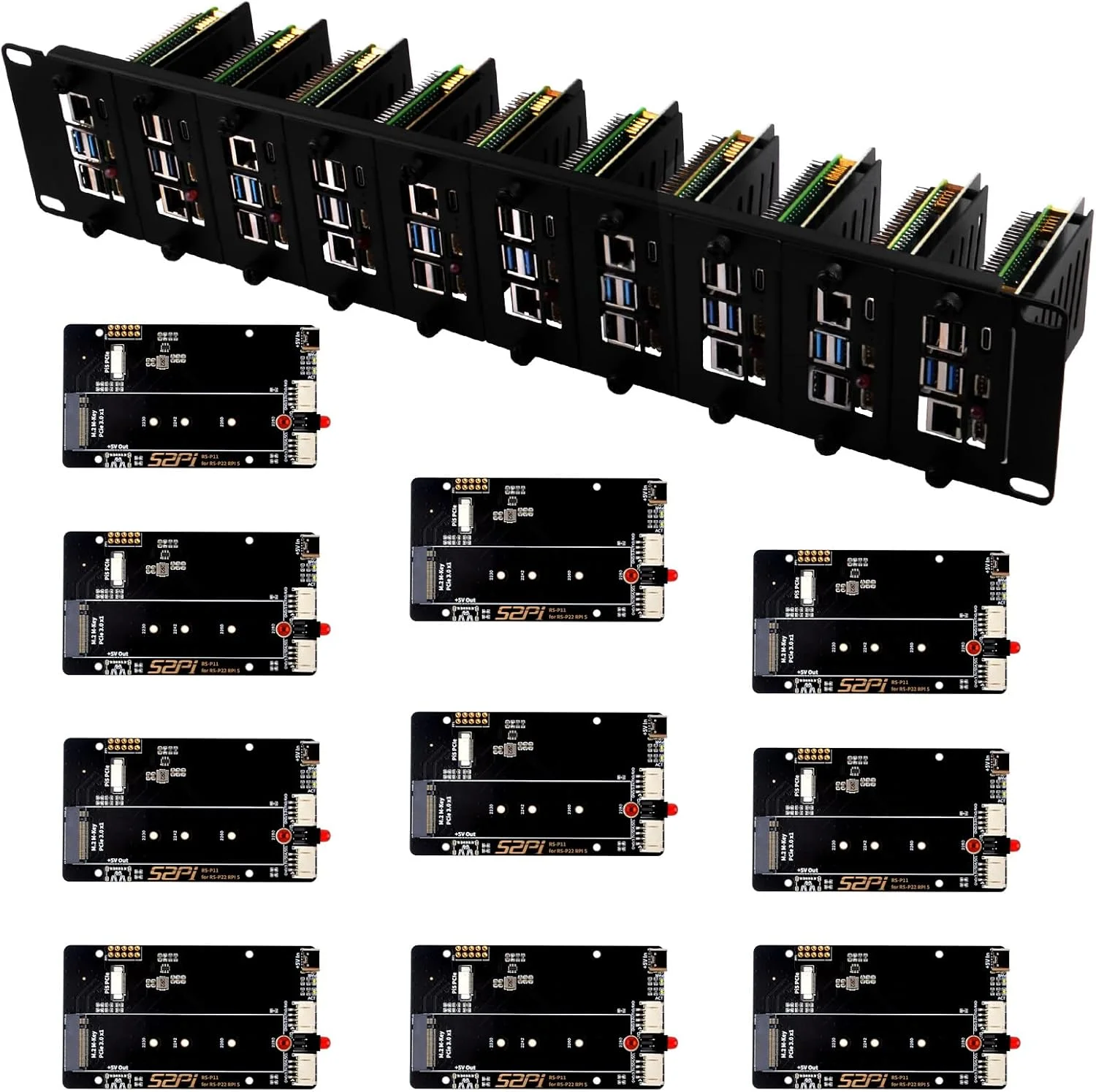 رک مونت 2U 19 اینچی GeeekPi برای رزبری پای 5، با 10 عدد آداپتور PCIe به M.2 NVMe SSD، سازگار با رک سرور 19 اینچی