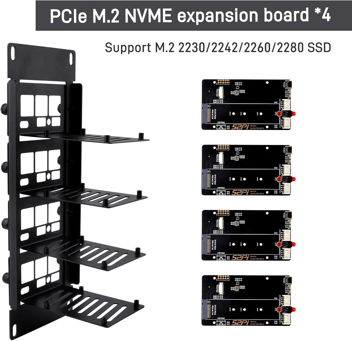 رک مونت 2U ده اینچی GeeekPi برای رزبری پای 5/4B، با 4 عدد آداپتور PCIe به M.2 NVMe SSD، سازگار با رک سرور ده اینچی DeskPi RackMate T1/T0/T2