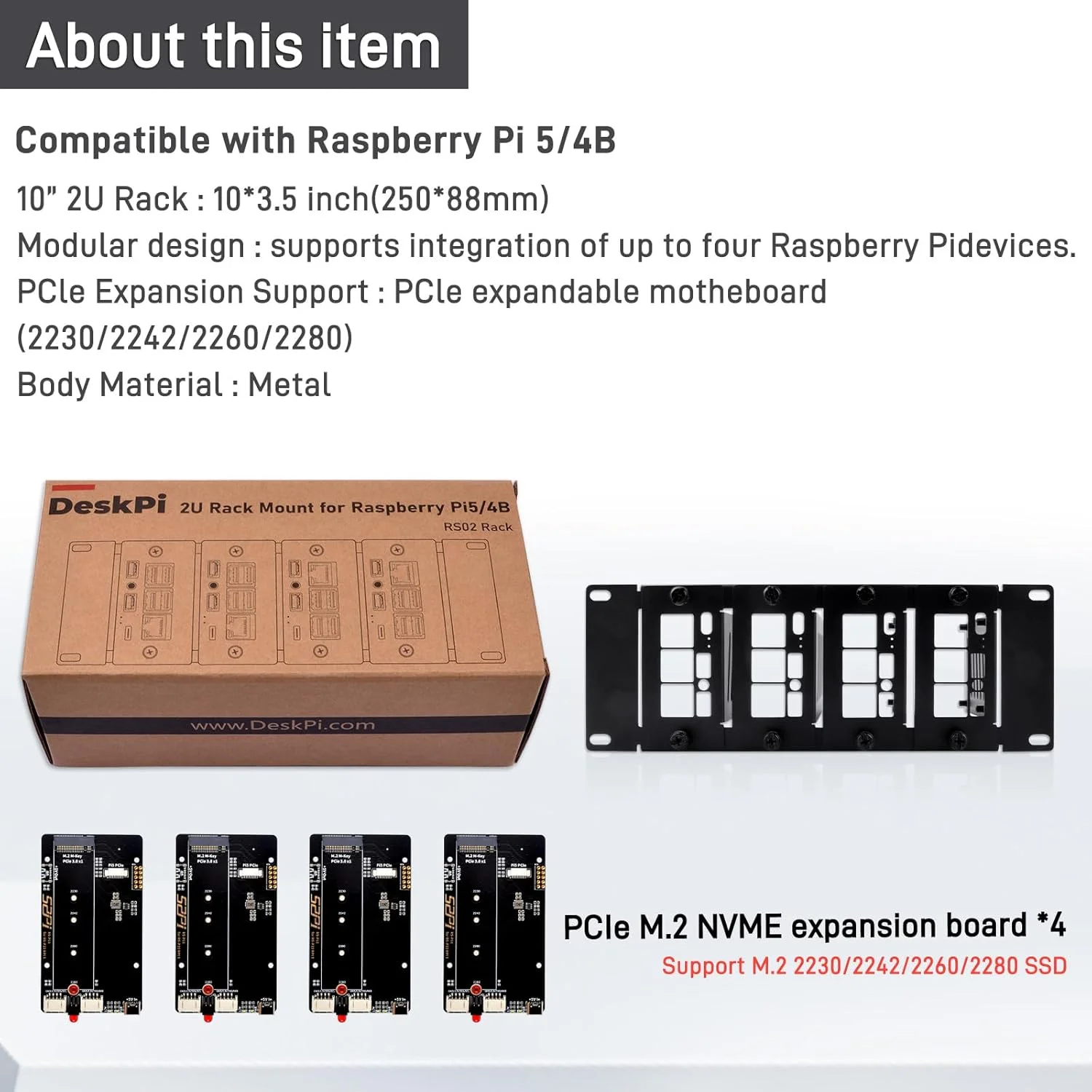 رک مونت 2U ده اینچی GeeekPi برای رزبری پای 5/4B، با 4 عدد آداپتور PCIe به M.2 NVMe SSD، سازگار با رک سرور ده اینچی DeskPi RackMate T1/T0/T2