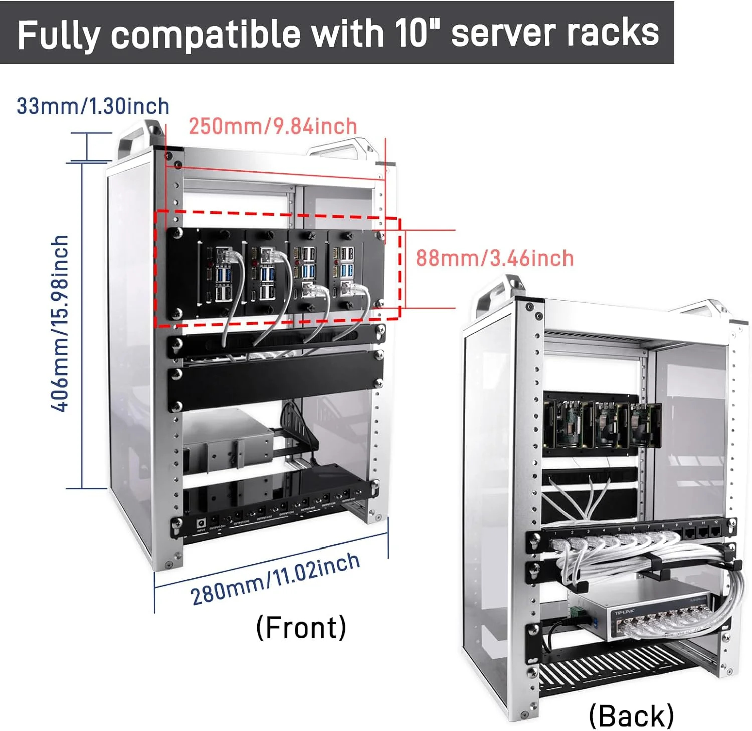 رک مونت 2U ده اینچی GeeekPi برای رزبری پای 5/4B، با 4 عدد آداپتور PCIe به M.2 NVMe SSD، سازگار با رک سرور ده اینچی DeskPi RackMate T1/T0/T2