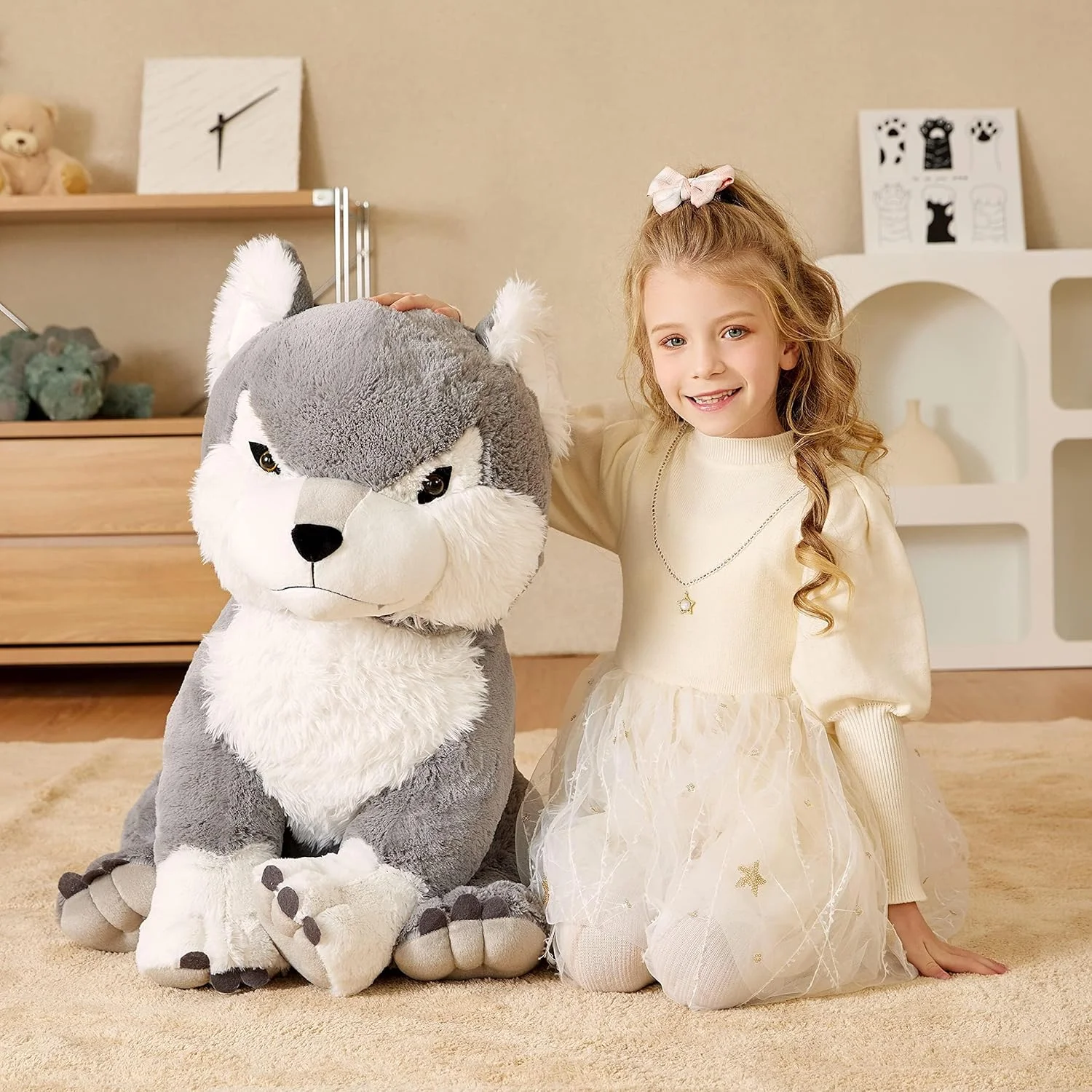 عروسک پولیشی گرگ غول پیکر EARTHSOUND، 58 سانتی متر، اسباب بازی نرم و بزرگ و بامزه، سایز بزرگ، پولیشی پشمالو و چاق، هدیه برای کودکان و دوست دختر (58 سانتی متر، خاکستری)