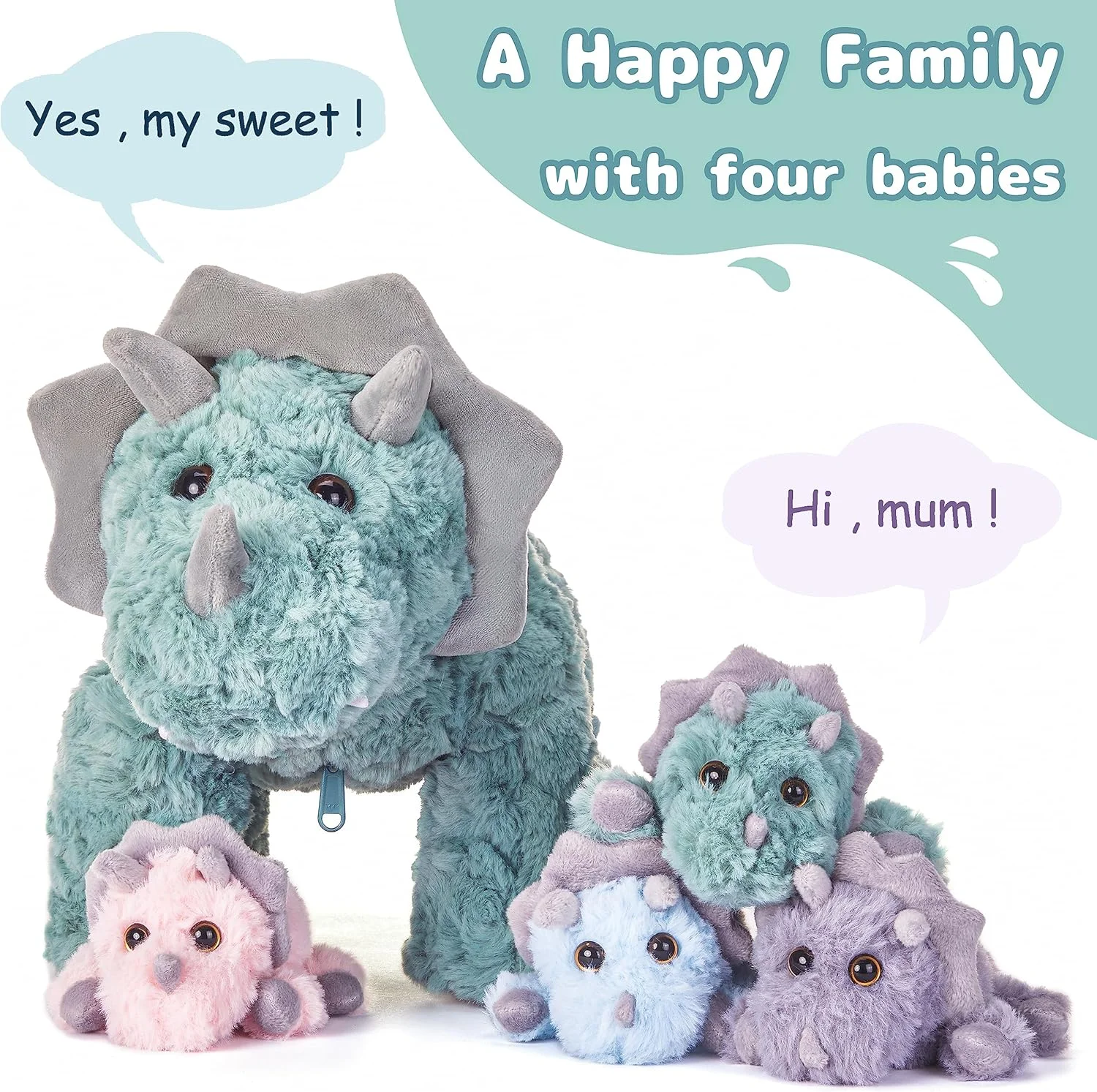 عروسک پولیشی مادر و بچه دایناسور تریسراتوپس EARTHSOUND، اسباب بازی پولیشی مادرانه ناز کوچک 18 اینچی، اسباب بازی نرم و بغلی ماما با بچه های کوچک مینی، ست هدیه خانوادگی برای دختران بچه ها (تریسراتوپس)