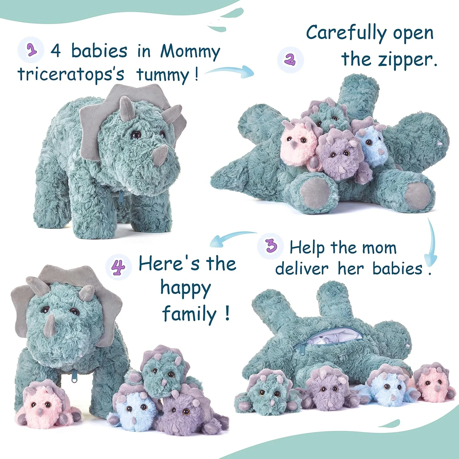 عروسک پولیشی مادر و بچه دایناسور تریسراتوپس EARTHSOUND، اسباب بازی پولیشی مادرانه ناز کوچک 18 اینچی، اسباب بازی نرم و بغلی ماما با بچه های کوچک مینی، ست هدیه خانوادگی برای دختران بچه ها (تریسراتوپس)